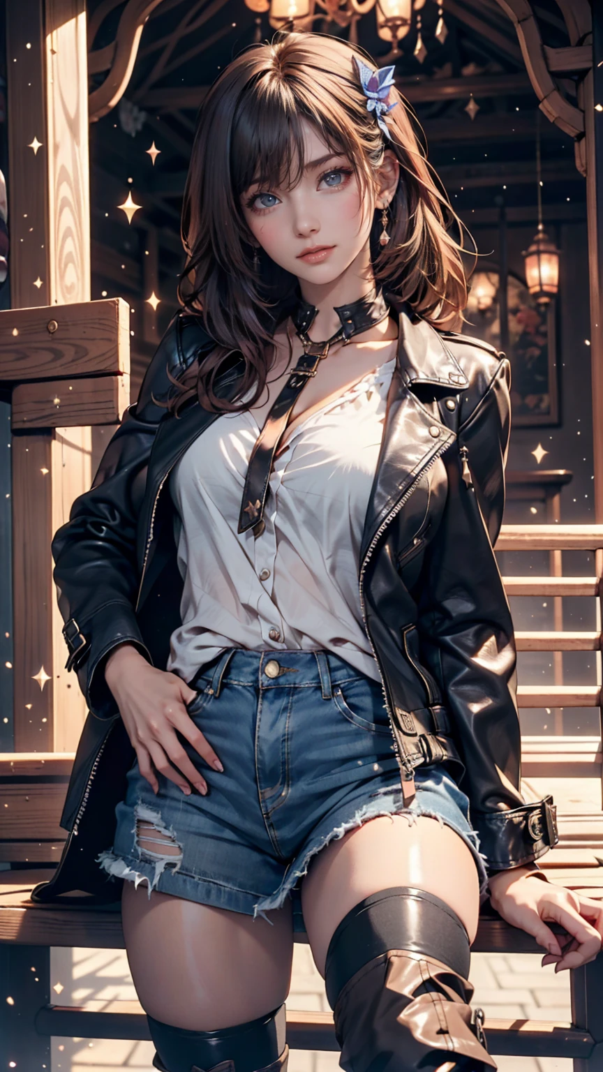 (masterpiece:1.1), (best quality), (ultra detailed:1.3), fine illustration, solo, woman, perfect eyes, cinematic angle, (harmonious composition), leather jacket on white shirt and denim skirt, low cut boots, jewelry accessories, I get irritated and wait for someone, road, cinematic lighting