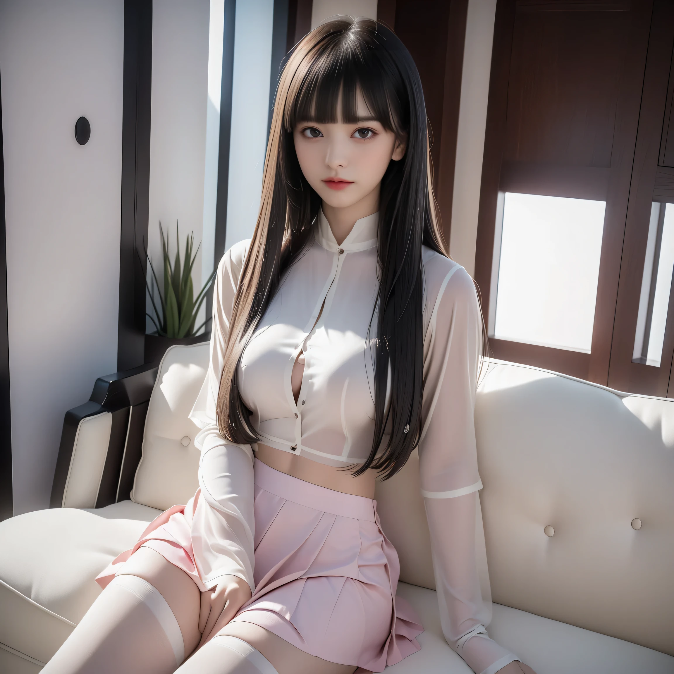 Hairy pubic hair((Highest quality、8K、masterpiece:1.3))((Perfect glowing skin,Perfect Skin))　Browsing Caution　Realistic　Bright room　White Room　White skin　Brown Hair　Wavy Hair　bangs　Wearing a shirt　Wearing stockings