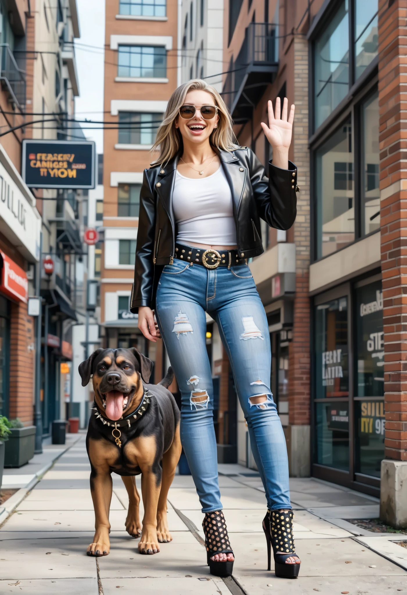 ((( best proportions 、 Height、 long legs、The best beautiful girl、（A white 20-year-old with a tall nose and a big mouth）、 Long Light Brown Hair )))、(( sunglasses、Leather riders jacket、Bad attitude、Tight denim、Distressed denim、Studded belt、 black high heels))、(( Bad Girl with a Criminal Record 、A ferocious black mastiff dog with scary eyes is barking、Walking with a ferocious dog、 Threatening Her Surrounding Area 、The dim back streets of New York、Desolate Warehouse District 、 at dusk ))､(( back view、 nice butt、Staring at me while waving))