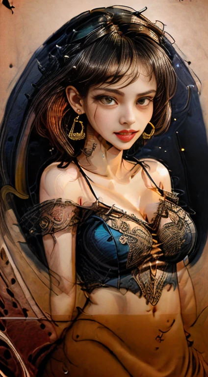 Gorgeous Woman, mask, latex, Thick smoke surrounds her, Lavish decoration, Wave decoration, highly stylized, colorful photo, Rich details, Symbolism, Concept Art, Stephen Gesell, alex grey, style:Aaron Horkey