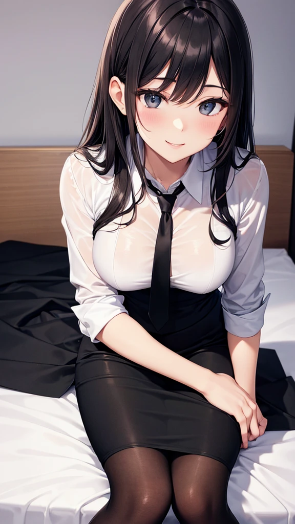 ((masterpiece, highest quality:1.3)),cowboy shot,25 year old beauty,solo,(very small head),black hair,long hair,black eyes,blunt,skinny,medium breasts,long body,slender body,skinny,shiny skin,oily skin,sweat,shy,orgasm,Heavy breathing、white formal shirt、Long sleeve、Black tie、Black tight mini skirt,White panties,camel toe、Wet crotch、Love juice、sitting,spread legs,Simple desk、Office、nsfw,