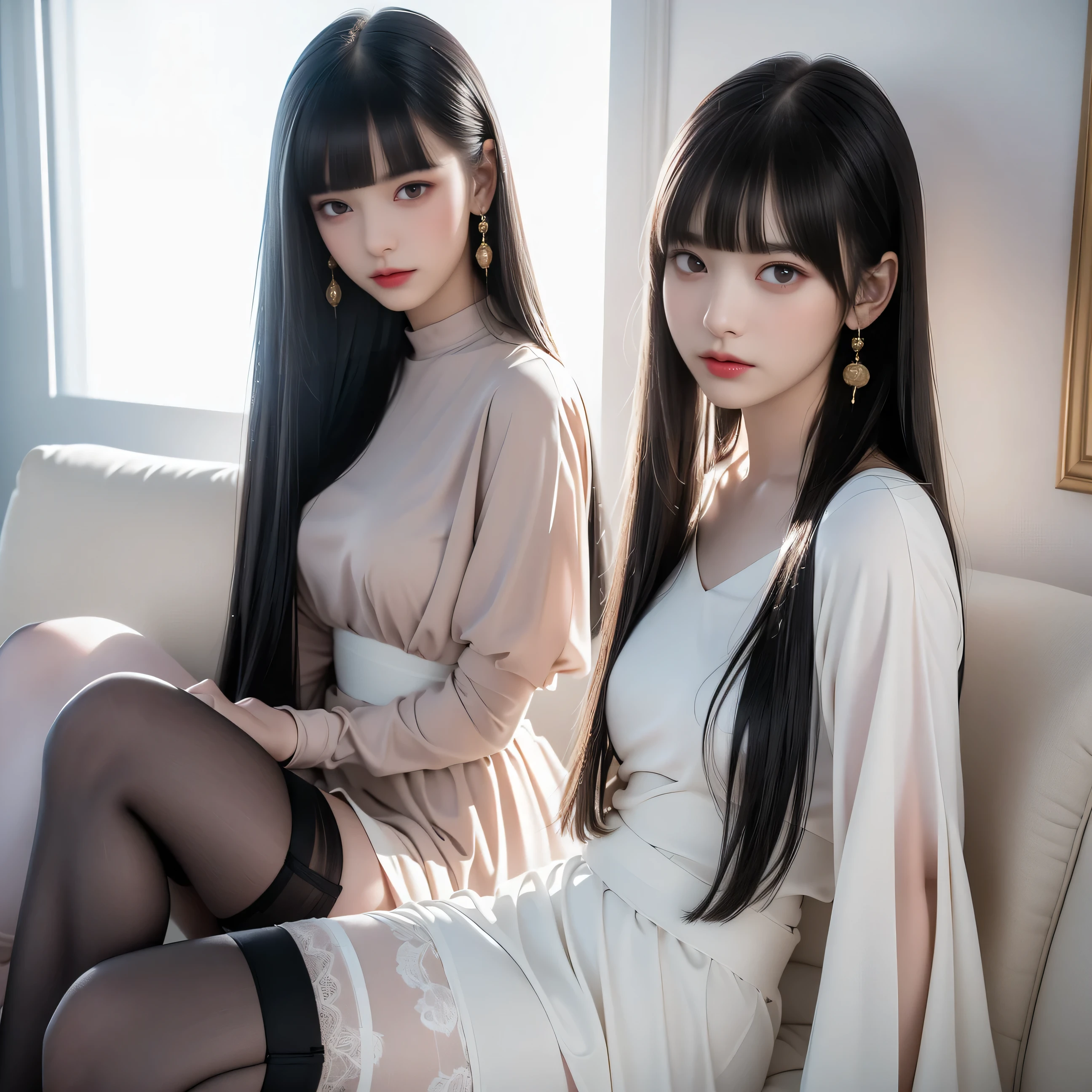 girl with blue eyes, dressed in emo style, black and pink hair, long bangs, cute face, cute girl 20 years old.