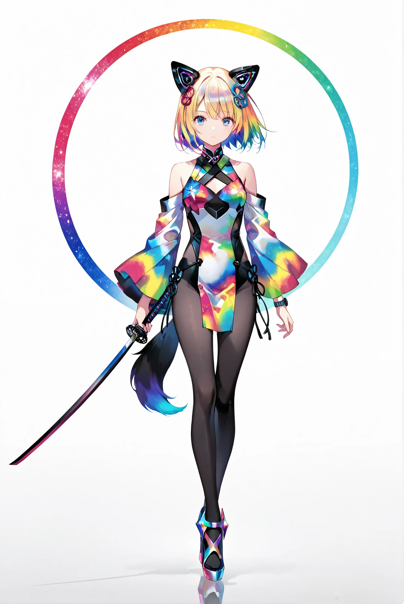 of_HARP, cosplay,clothing cutout,Galaxy footwear, 百褶裙, armor, bare shoulders,Japanese sword, holding Japanese sword, holding a weapon ,( white background, stands,whole body, high heels, front view,Standing picture:1.7),HoleHeels,oval/Circle/Thorn/Horn Heels,, Limited Color Palette ,Colorful, vivid colors ,black light ,watch, Masterpiece, very beautiful ,vajradef, dog tail, black pantyhose, hair ornament, japanese clothes, bare shoulders, detached sleeves, wide sleeves, white pelvic curtain