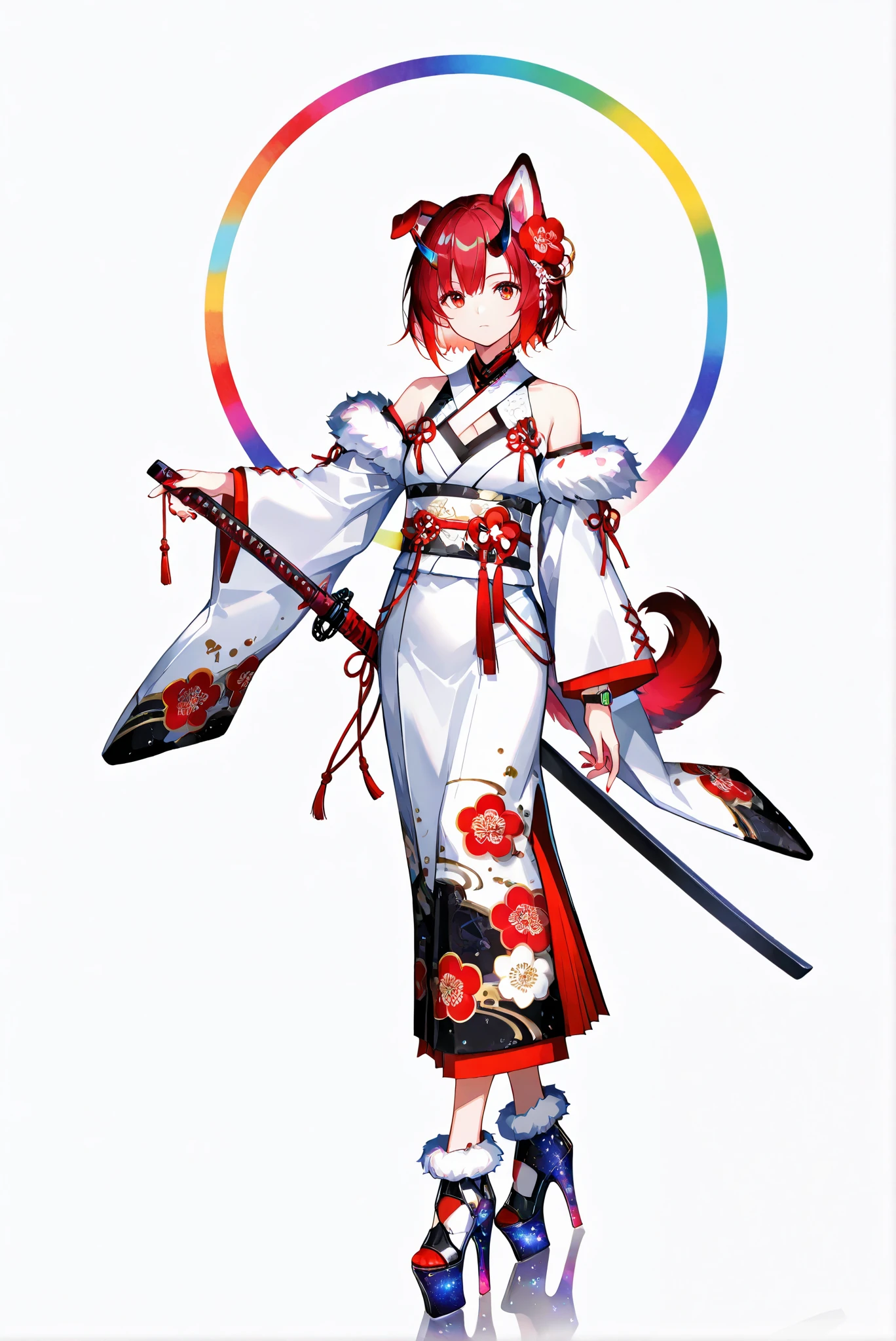 of_HARP, cosplay,clothing cutout,Galaxy footwear, 百褶裙, armor, bare shoulders,Japanese sword, holding Japanese sword, holding a weapon ,( white background, stands,whole body, high heels, front view,Standing picture:1.7),HoleHeels,oval/Circle/Thorn/Horn Heels,,limited color palette,Colorful, vivid colors ,black light ,watch, Masterpiece, very beautiful ,vajrarr, dog tail, red hair flower, red nails, white obi, white kimono, japanese clothes, floral print, white detached sleeves, wide sleeves, long sleeves, fur trim, sash