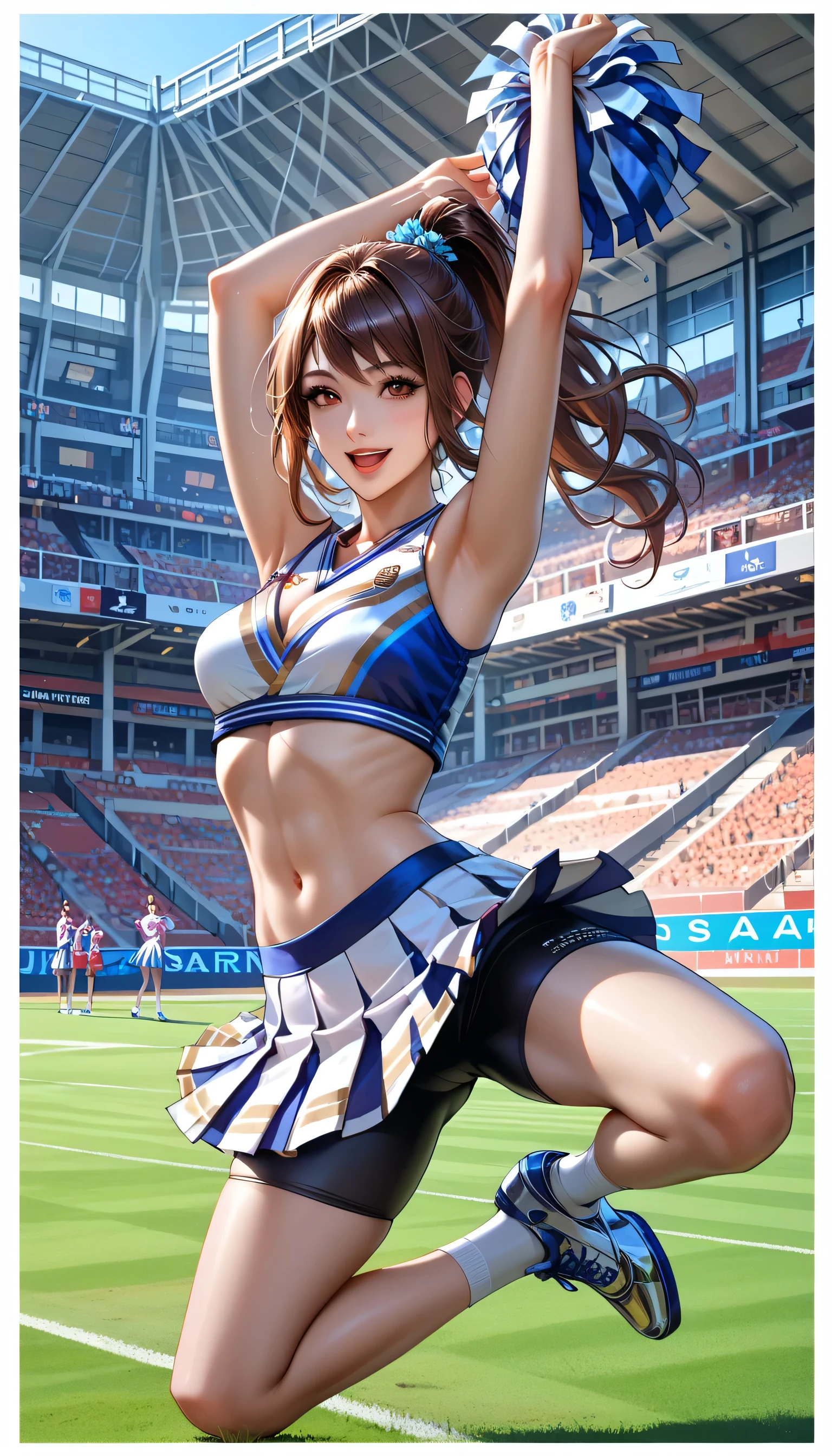 one girl, ((Highest quality)), ((masterpiece)), (detailed), ((very detailed face)), High resolution photograph, (realistic photo shoot:1.1), (doing cheer dancing:1.2), small breasts, Thin legs, cheerleader uniform, (skirt), (6 Pack Abs), She has a six pack belly, from before, surreal, intricate detail ,(Beautiful Delicate Eyes and Lips ), Best Shadow, so delicate and beautiful, beautiful tan skin, smile, open your mouth, ponytail brown hair, bangs, brown eyes, floating hair, Good light, (cowboy shooting:0.5), court, Spectator seats, sunshine, (((She wears a metallic navy cheerleader uniform with metallic gold trim))), (Sleeveless uniform), ((wearing a skirt and a Women's Fitness Jogger Bike Shorts)), (no socks on),((Stadium Background:1.2)), (The characters "JETS" are written in red with a white border on the chest:1.2), (Jump 1.5m upwards:1.5), (stretch your arms up), ((stretch and spread your legs)), (open your palms), (full body portrait),
