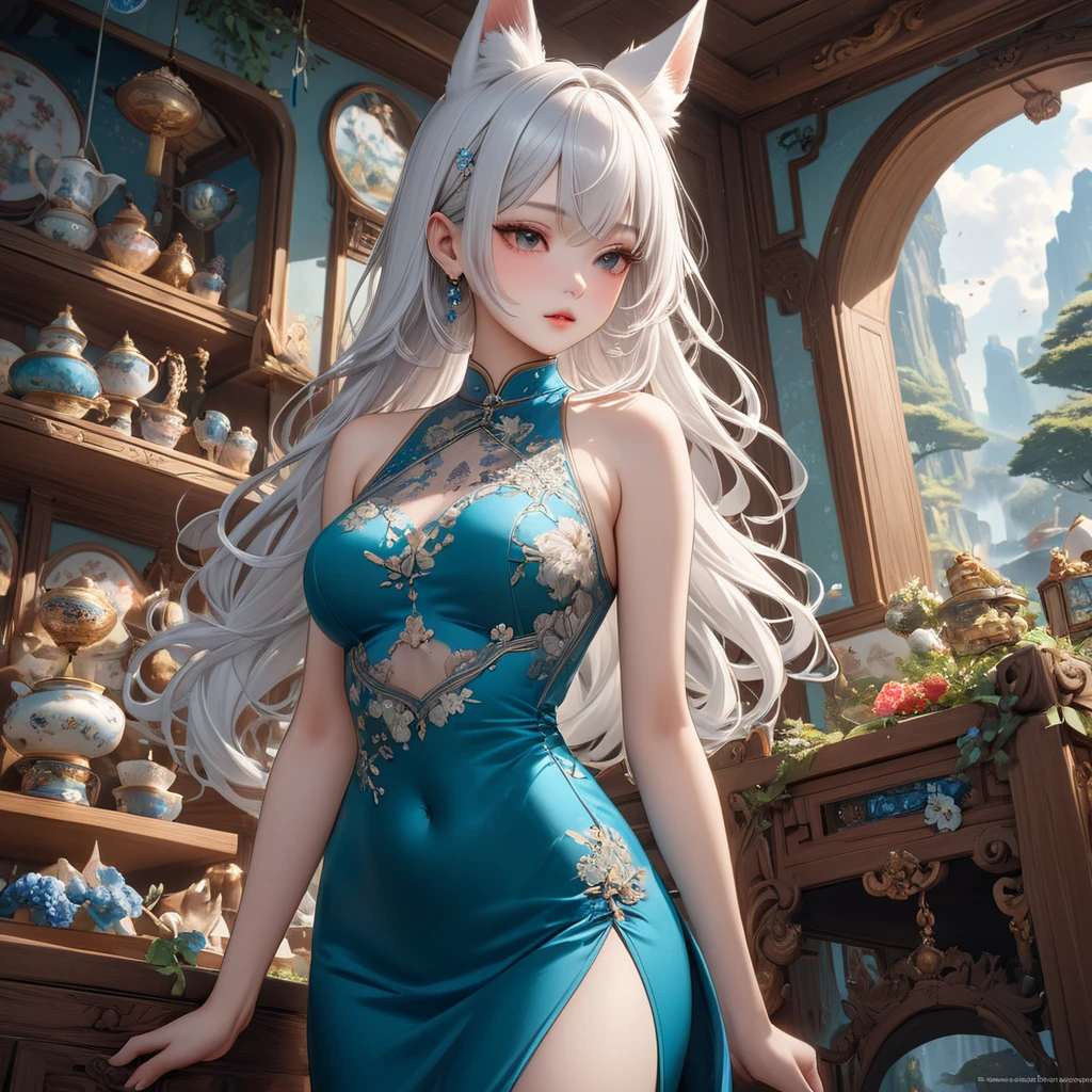 agirl, wearing sexy,Chinese style clothing, European and American women, The hand is five fingers, Hand refinement, The chest is large, Wear less upper body clothes, bandagens,Bare legs, Expose the chest, White skin, The face is delicate, Good facial features, The expression is enchanting, Sultry pose,((A coquettish expression))、the best quality,masterpaintings,8K,Character edge light,super highly detail,high qulity,The most beautiful woman in man,Smile with,The face is symmetrical forward and left and right,Ear corner decoration,The long antenna emits light,Beautiful pupils,Light effect,visual data,Silver-gray hair colored,Ultra-detailed facial textures,cheerfulness,Wearing animal hair ornaments on his head,Deep eyes,Girl's sitting position