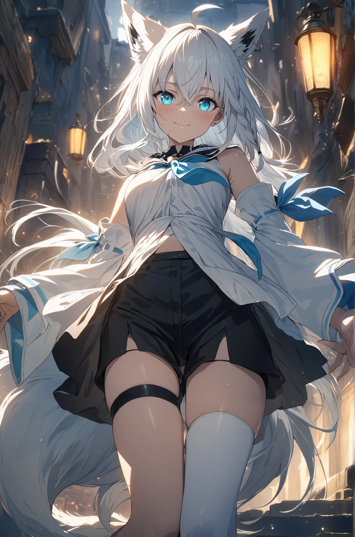 masterpiece, Best Quality, Anime, Highly detailed face, Highly detailed eyes, Highly detailed background, Perfect Lighting, fubuki_base, white blouse, detached sleeves, black shorts, blue neckerchief, thigh strap, single thighhigh, white hair, single side braid, ahoge, piercing, fox tail,smile