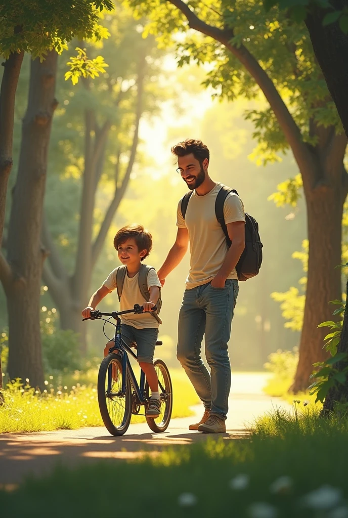 A very small child is practicing riding a bicycle wearing a helmet and protector with scary face, the father is supporting the child's bicycle from behind with a gentle smile so it doesn't fall over, soft spring sunshine, spring flowers, butterflies flying, a peaceful park, a beautiful fountain in the distance, this is about the days of fond memories, view from side,long shot,beautiful scene of the award movie