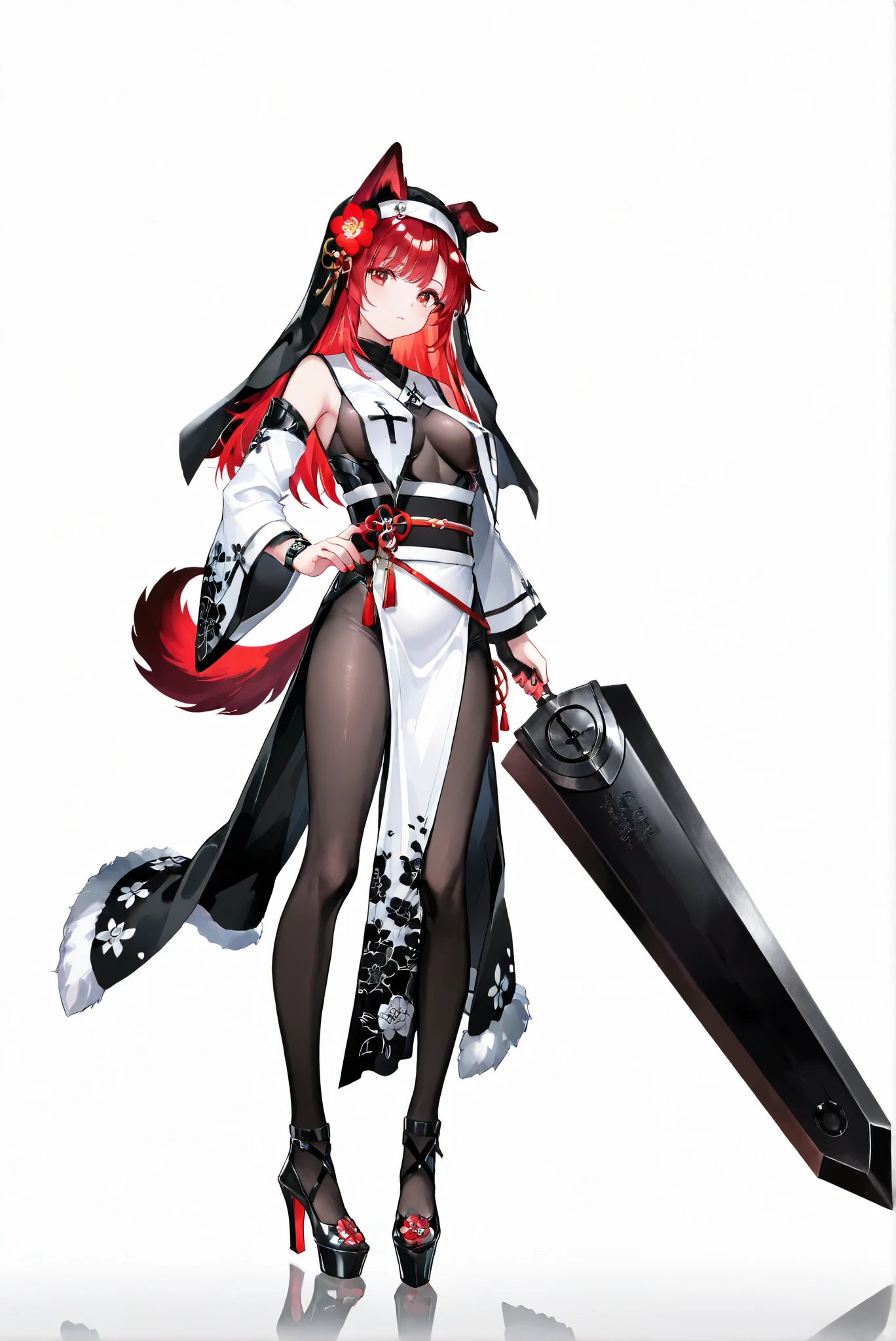 Black Armor, whole body盔甲, , 龍殺手之sword-II.v1.0, Holding - Dragon Slayer, Giant Weapon, sword, holding sword, holding a weapon ,, weapon, 大sword,sword,圣sword,神sword,魔sword,sword散发着紫光 holding weapon, ruanyi0847,bodysuit,breast curtains,dress,nun,pantyhose,pelvic curtain ,(, white background, stands,whole body, high heels, front view,Standing picture:1.7),HoleHeels,oval/Circle/Thorn/Horn Heels,,limited color palette,,Colorful, vivid colors ,Flashing silhouette ,neon,black light ,watch, Masterpiece, very beautiful ,vajrarr, dog tail, red hair flower, red nails, white obi, white kimono, japanese clothes, floral print, white detached sleeves, wide sleeves, long sleeves, fur trim, sash