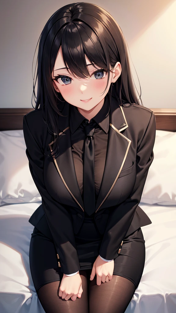 best quality, highres,Slender、(small face:1.3)、brown eyes、tall、black hair、long hair、Hotel、inside the futon、22 years old、Mature、night