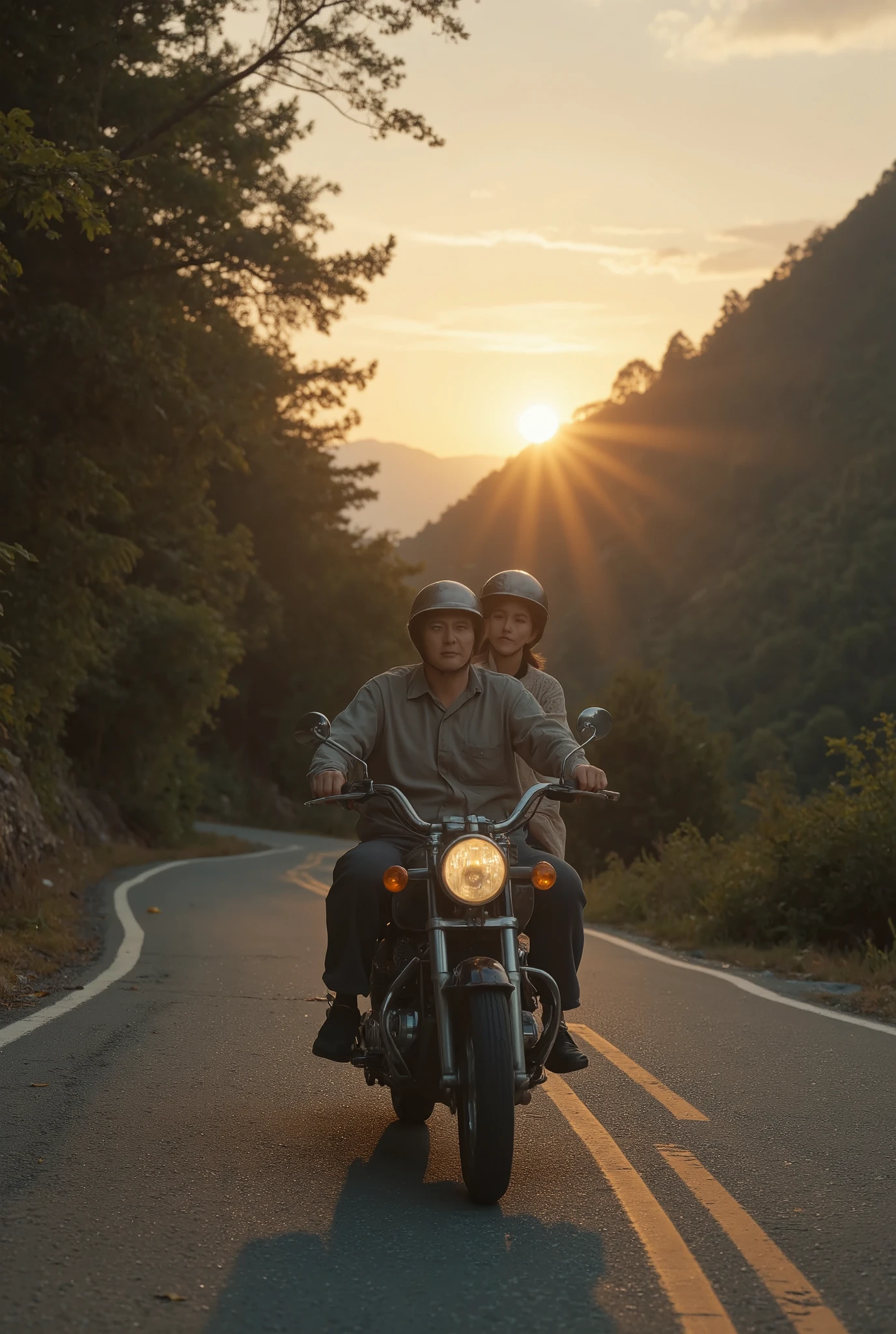 a delicate image, nostalgic color, on a mountains road, inside a dense forests, beautiful sunset shine through the trees, a mature old grandpa and his old wife, they are riding a classic motorbike, wearing classic helmets, lovable scene, cinematic warm lighting, dramatic color grading, anatomically correct, xingmeng.