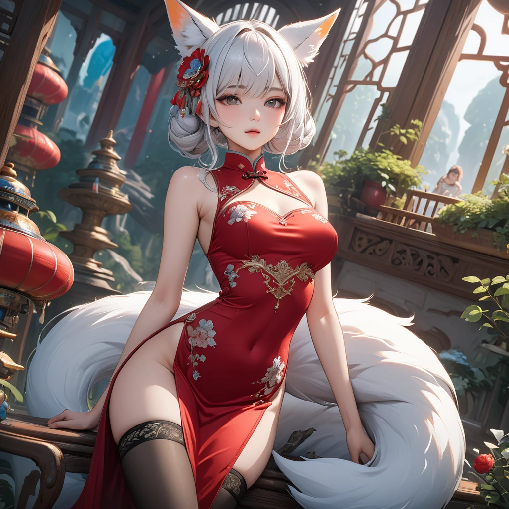 Knee socks,Large breasts, Pink hair, double tails, upper legs, white thighhighs, Pink clothes, Long legs, No bra, High heel,Red high heels, Bare_hindquarters, bangs, areola of breast, Elbow gloves, Chinese dress, Fat ass, hair tying, wears_navel, Looking_at_peeping at the viewer, Arms_Behind_Head, Blush, latex, Sleeveless_dress, Long hair, cosplay,Fantastic,straitjacket,Tight gloves,high-heels,Bring your feet together,Foot length,Sit,Chinese style cheongsam,on cheongsam,Gold ornaments,Gold lace,Long straight hair,Headbands, Thin body, Fair skin, Broad lighting,Glossy Clothes, White thigh socks,Chinese-style architecture,China-style,gazebo,Lace,laughingly,Quaint,Tight cheongsam,Flowing cheongsam,knee high stockings,White stockings,Translucent stockings,fox ear,Feminine eyes,Charming,Leg elongation, --auto
