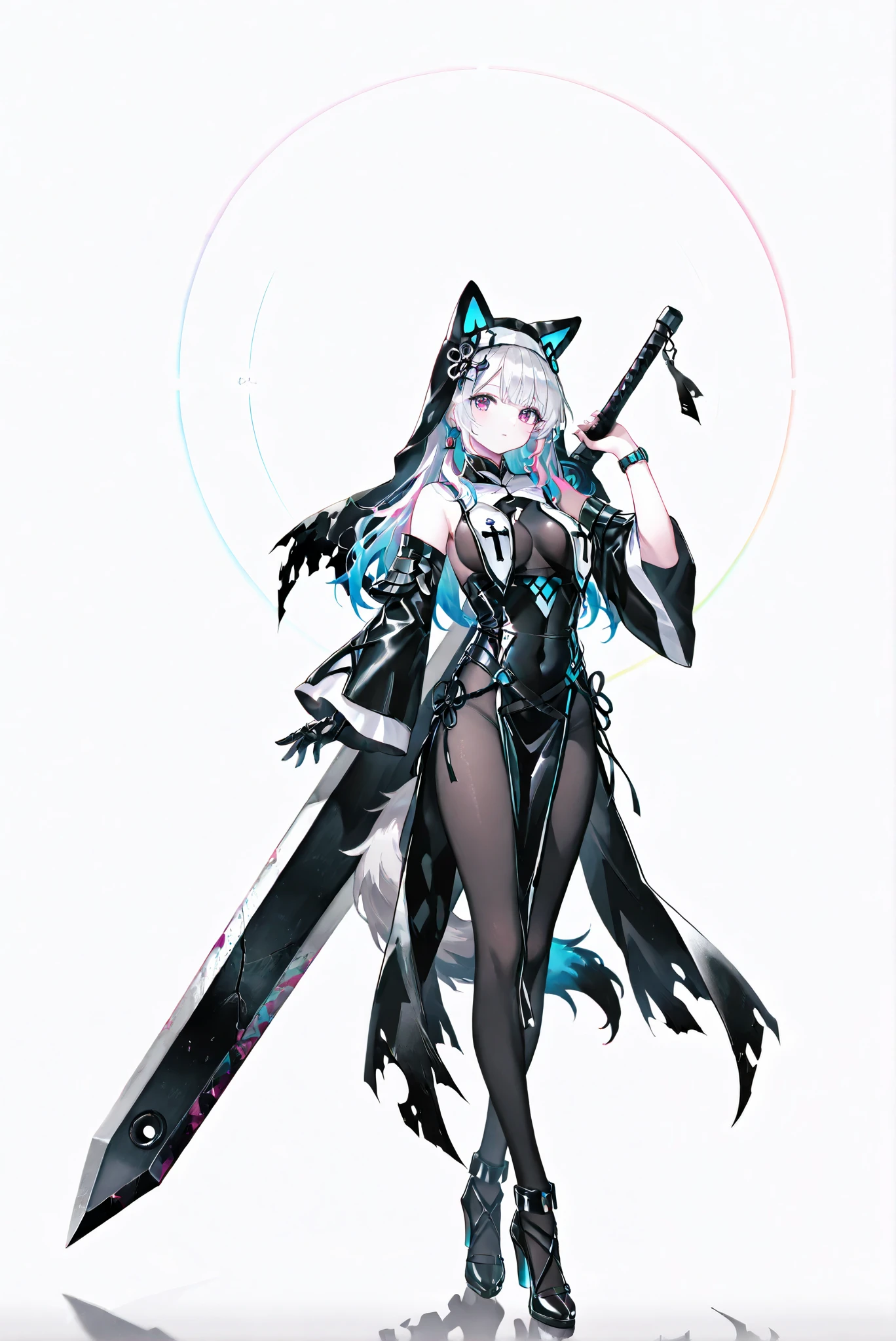 Black Armor, whole body盔甲, Broken Cloak , Closed monocular , 龍殺手之sword-II.v1.0, Holding - Dragon Slayer, Giant Weapon, sword, holding sword, holding a weapon ,, weapon, 大sword,sword,圣sword,神sword,魔sword,sword散发着紫光 holding weapon, ruanyi0847,bodysuit,breast curtains,dress,nun,pantyhose,pelvic curtain ,(, white background, stands,whole body, high heels, front view,Standing picture:1.7),HoleHeels,oval/Circle/Thorn/Horn Heels,,limited color palette,,Colorful, vivid colors ,Flashing silhouette ,neon,black light ,watch, Masterpiece, very beautiful ,,vajradef, dog tail, black pantyhose, hair ornament, japanese clothes, bare shoulders, detached sleeves, wide sleeves, white pelvic curtain