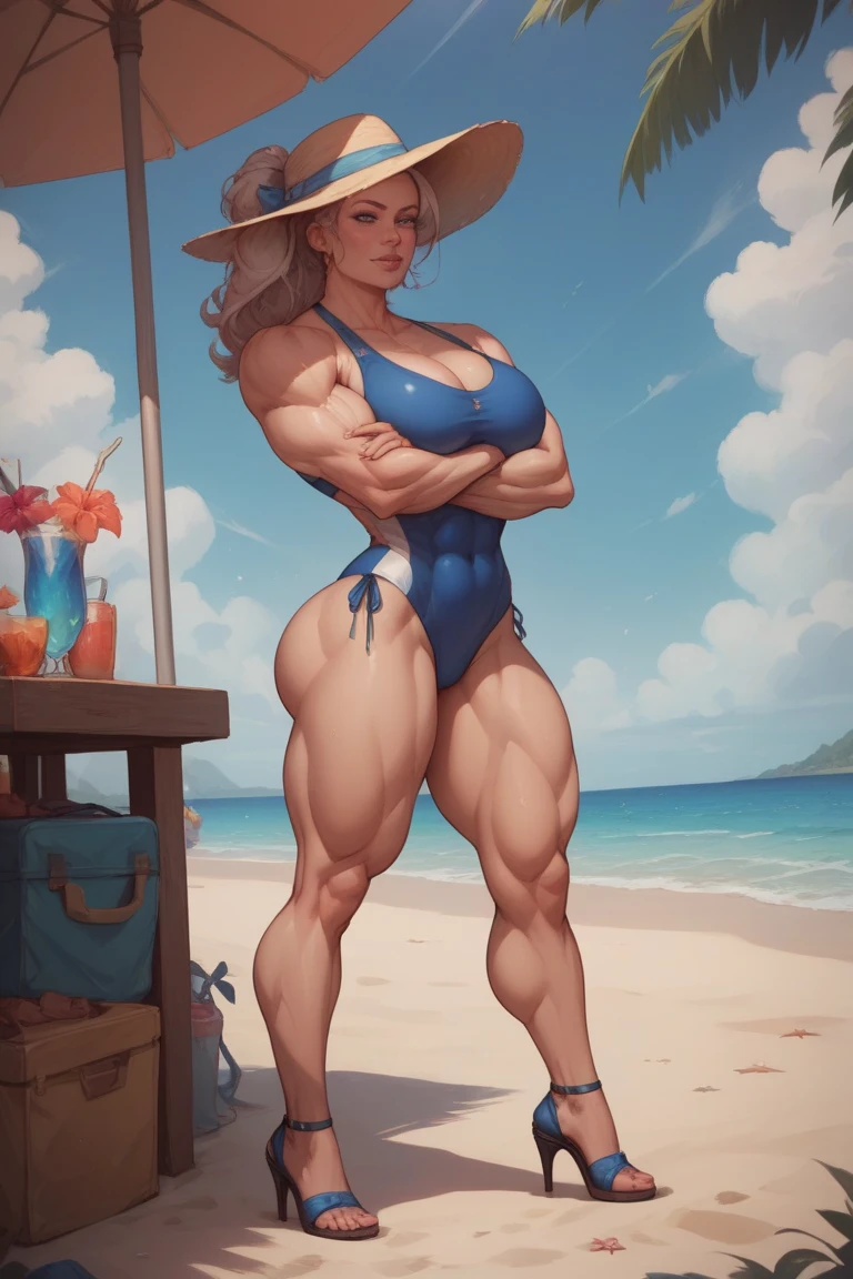 1woman, cleavage, on a beach, hands holding own hips, smile, medium breasts, wide hips, big ass, jaina proudmoore,,standing