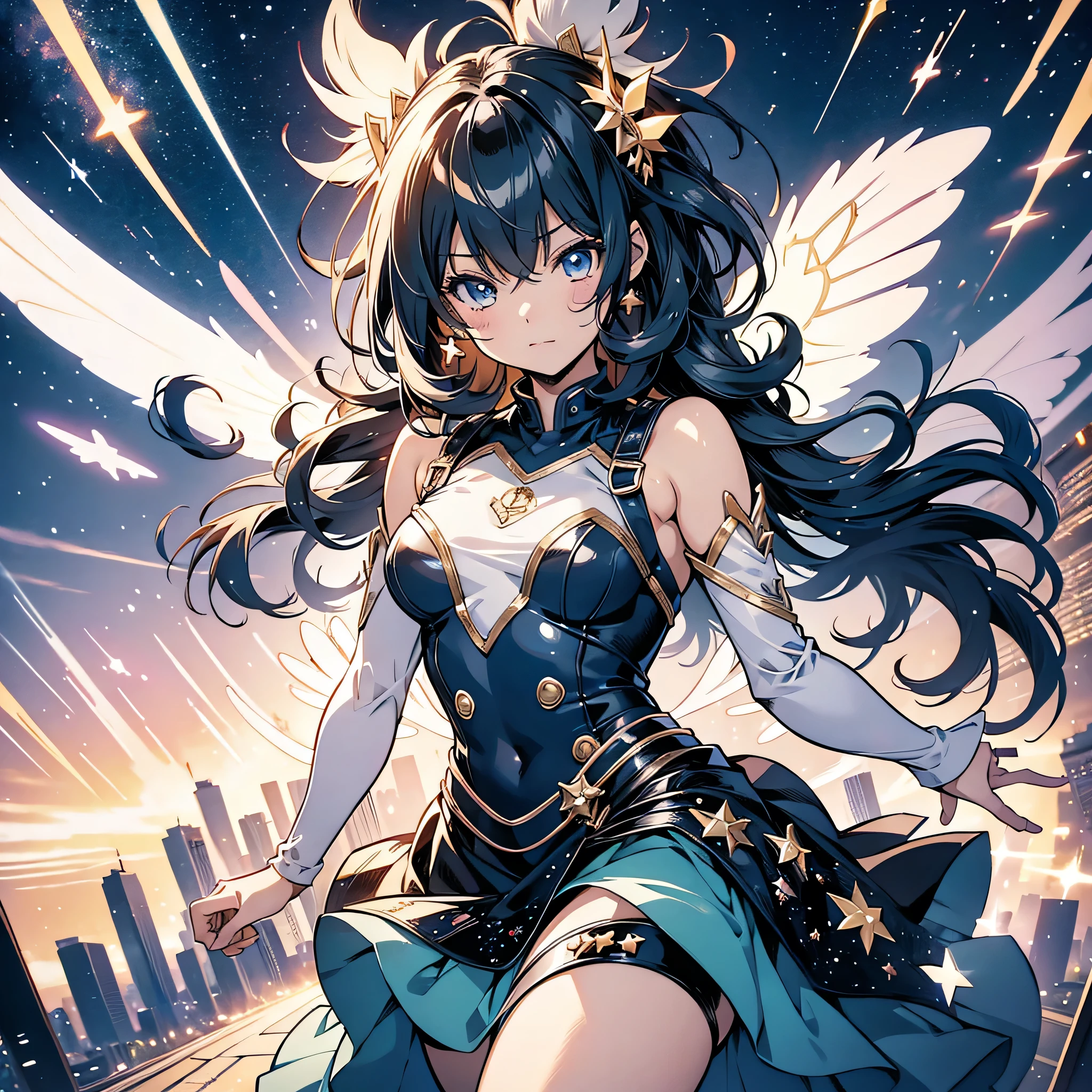 girl, star fairy, spaceship, heading towards Earth, manga style, framed, speech bubble, high quality, super detailed, cute, colorful, best quality, insanely detailed, exquisite, high quality, hyper detailed, detailed, ultra detailed, masterpiece, beautiful, absurdres, Full-HD, highres, manga、ラベンダーとロイヤルブルーのカラーパレット、