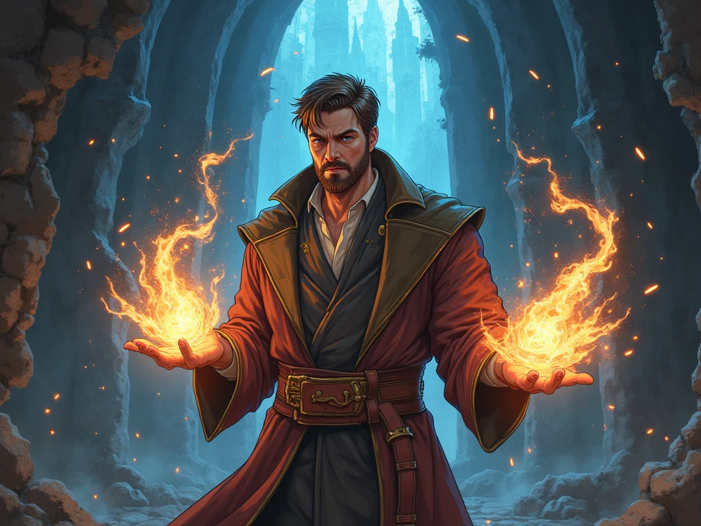 a closeup of a man sitting on a wooden floor, graphic artist magali villeneuve, magic style the meeting, raymond swanland style, magic the reunion art style, magic the reunion art style, magic the reunion card art, he's casting a lighting spell, by Magali Villeneuve, magic: the art of reunion, by Raymond Swanland