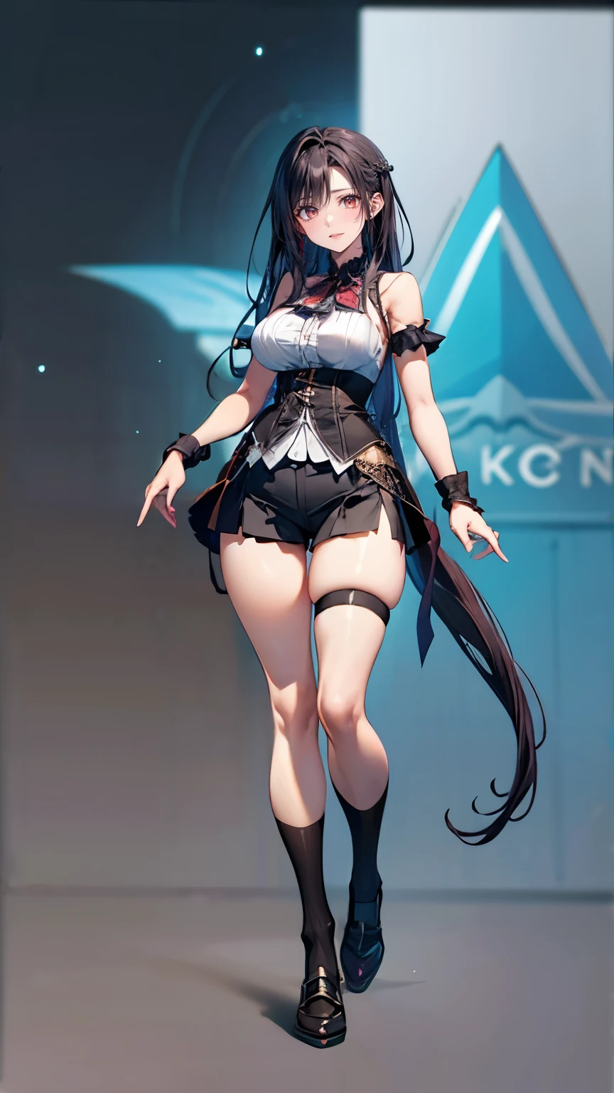 (Highest quality、 8k 、masterpiece、High resolution)、Full Body Shot、24 year old girl、Idol、Cute smile、Pretty lips、Adorable eyes、stands with a happy 、Outdoor , Big breast, Costume League of Legends, Fox, KDA Fox, black Hair, Fox Ears, Fox Tail, Blue Coat, White Top, Black Skirt, Lase