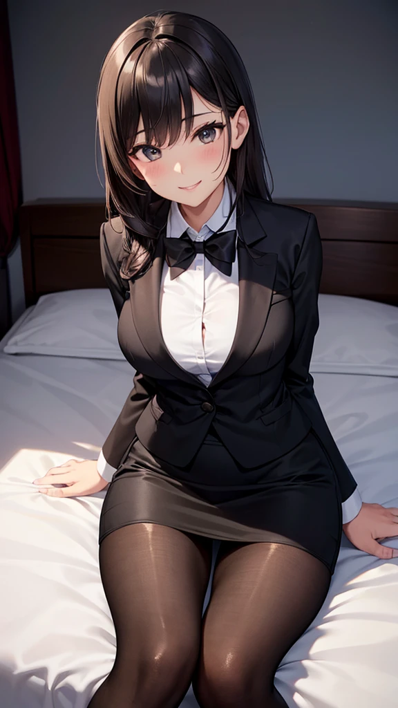 ((Masterpiece: 1.3)), ((Absolute Resolution: 1.2)), ((Superlative,: 1.4)), super detailed face, complex and detailed eyes, one girl, smooth nasal bridge, detailed mouth, polite and cute smiling expression, realistic bumps on human body, silky smooth hair texture, one girl, solo, buxom beautiful girl, High school girl, cute design blazer uniform, long sleeves, white blouse, pink breast cloth, cleavage, priss skirt, (shiny black pantyhose denier 25), white silk cloth visible through pantyhose, ribbon, beret, frills, lace, black hair in braids in one-length bob cut, years Cute design adornments commensurate with her age, showing her whole body (sitting pose with legs spread to either side and hips floating: 1. 3), innocent hand movements, (white skin: 1. 3), breasts filled with large amounts of fat swaying softly, cinematic lighting, perfect shading, ((cute nursery)), realistic lighting with shadows, from below Licking shot,