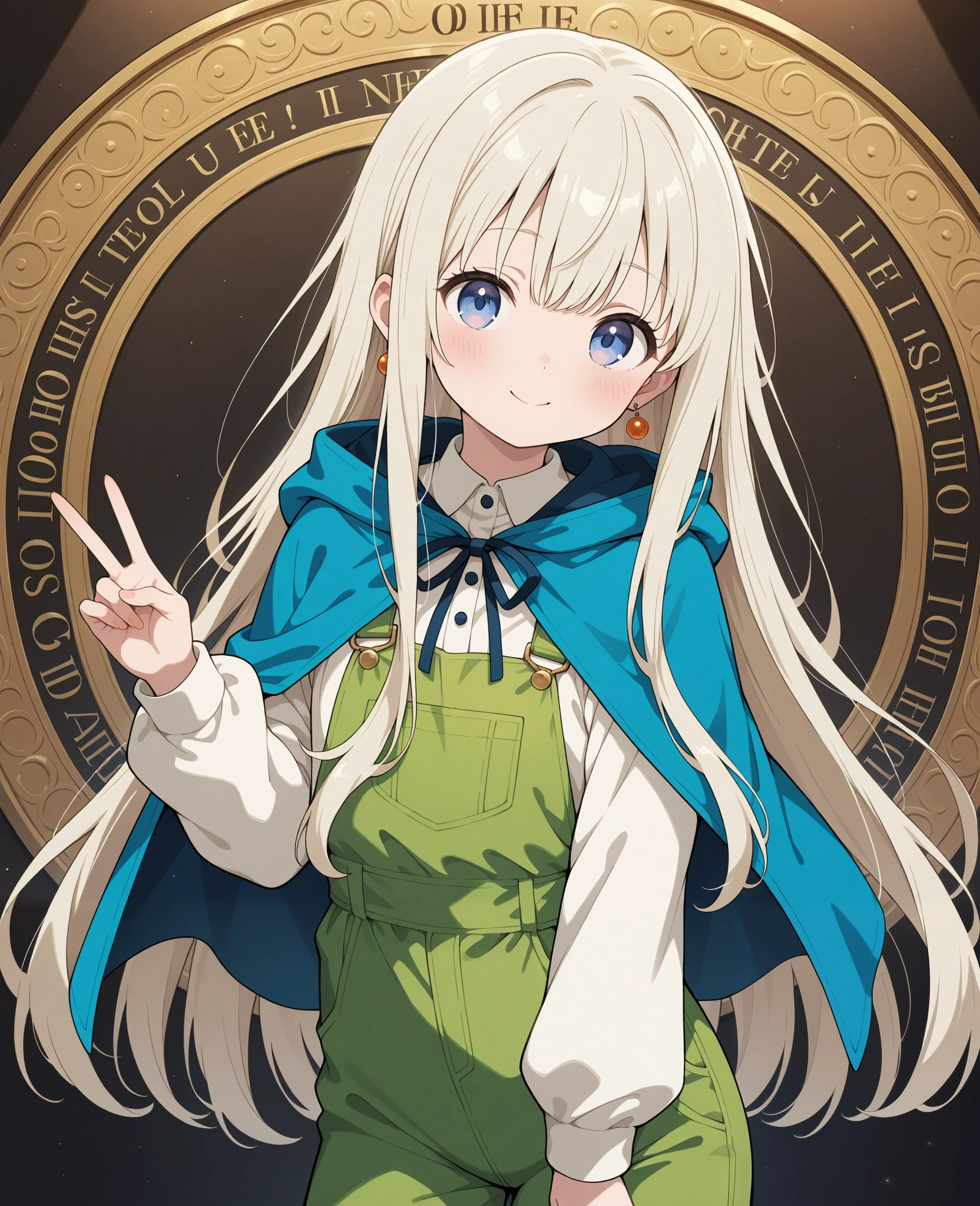 Race: Elf（long life）
hair:
color: white、or very light platinum blonde
lengths: long（Up to the waist、or more ）
 style: usually loosely knitted。may be put together in one at the back。
pupil:
color: emerald green、または青緑color
肌: colorwhite
服装:
Basics: whiteを基調としたワンピース、 Blue Cloak（Hooded）
Decoration: 金colorのDecoration品（ earrings、hair飾りなど）
 overall impression :
 looks young（Elfのlong lifeさのため、dress based on white）
Mysterious、Serenity、somewhat out of the ordinary　　　　　　　　　　　　　　　　　　　　　　　　　　　　　　　　　　　　　　　　　　　　　　　　　　　　　