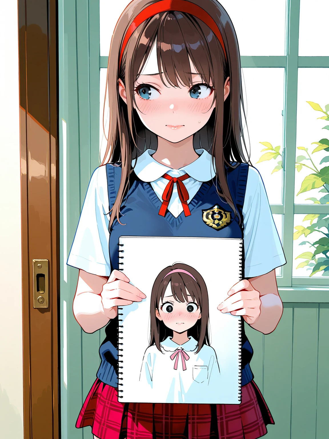 "A shy girl with shoulder-length brown hair and glasses, wearing a traditional Japanese school uniform with a navy-blue skirt and white blouse. She is standing and looking at the camera with a gentle smile, her hands clasped in front of her. She has a green ribbon around her neck and a book tucked under one arm, giving off a studious and quiet impression." visual novel character