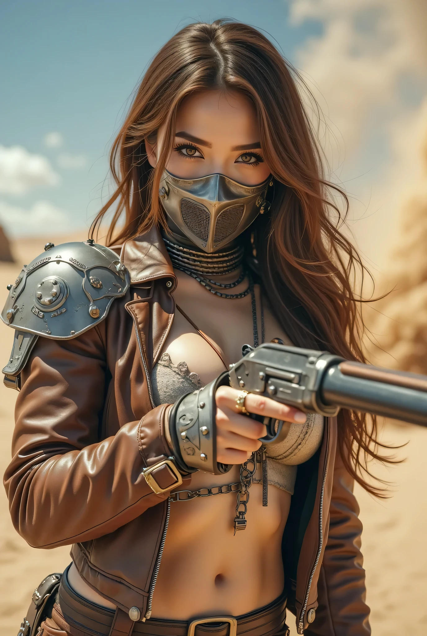 (8k, best quality conversation , masterpiece), ( exists , photo exists : 1.37), very detailed, one girl to rainbow , { Grid Girl with a Shotgun }, Wide angle , big swaying breasts , Very delicate depiction , Armor Made with Miniature Paint , correct skeleton , chain armor , Guns with an Invisible Pattern 、 dreamy ,Super Existent Mixed Fantasy World, a combination of exists elements and fantastic elements ( 渦巻く砂漠の砂 :1)、 Get ready to fight with a shotgun 、 complicated , Wear a Sharp, Precise Iron Mask on Her Mouth 、 facing the camera 、Wear a vintage leather jacket