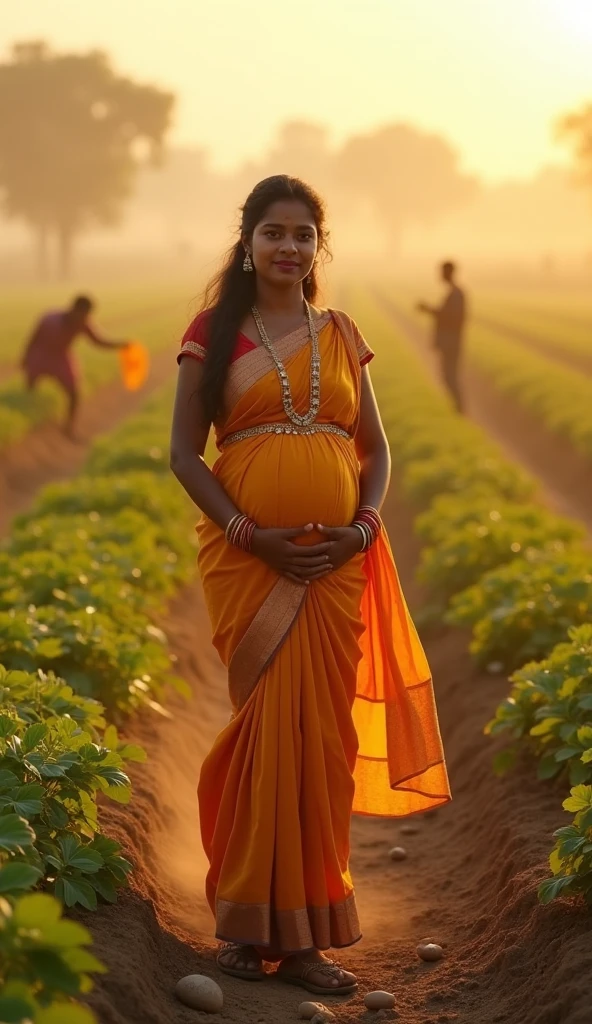 An Indian woman is working in the field, she has a child in her stomach