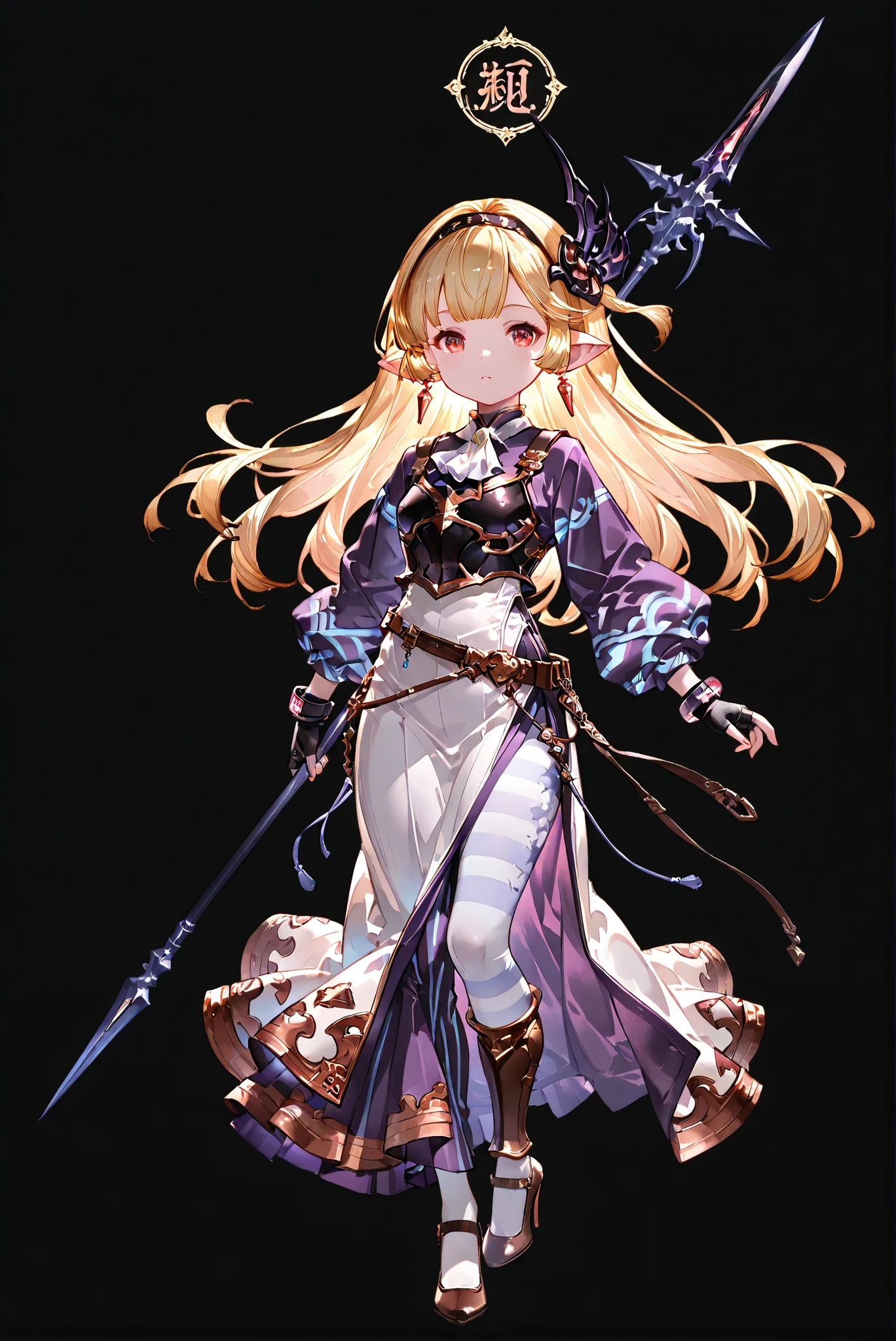 of_harp, cosplay, chest armor, clothing cut , belt, Wristband, leg armor, brown shoes , High Slit Bodysuit , armor, 裸露of肩膀, fingerless gloves, Wristband,jewelry, Earrings,arms, spear, holding arms,, Glowing Kimono , [shine , Purple Kimono ,
Zombie Costume :1.2, Long Skirt Set , Chinese Flag Robe, jiang corpse
( Grandstand,whole body, high heels, Front view , Vertical Image :1.7),孔 high heels ,Oval/circling/prick/ 喇叭 high heels ,, Limited Color Palette , Black Background ,Colorful, 鮮豔of色彩 ,閃爍of剪影 ,neon,Black Light ,[watch, Masterpiece, is very beautiful ,,Maglielle ( Granblue Fantasy), harvin, shortstack, blonde hair, long hair, bangs, pointy ears, red eyes, hair ornament, hairband , earrings, white dress, puffy long sleeves, sleeves past wrists, jewelry, ascot, black gloves, white pantyhose, striped pantyhose, shoes