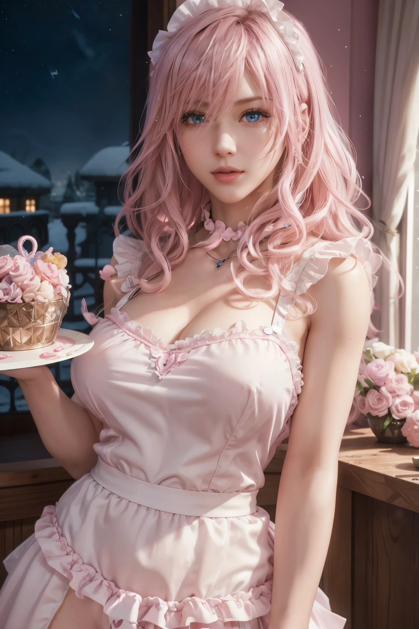  lightning , FINAL FANTASY,Pink Blonde, MEDIUM HAIR , light perm hair ,Curly hair on one side , pull down the bangs, beautiful blue eyes, beautiful and high nose , Super High Definition, Super Quality , Masterpiece, DSLR,photorealistic, Detailed Details,Vivid details, Detailed , detailed face, Detailed Details,Super detail , realistic skin texture, colorful candy room , perfect anatomy, Anatomically Correct Hand, Anatomically Correct Fingers , ultra-high resolution energy A , sexy pose,candy white ruffle shirt , pink apron , Maid Outfit, fantasy candy country , Valentine's Day, Valentine's Day , luxurious candy house , final fantasy ,豪華な Valentine's Day, heart-marked balloons , colorful chocolate , Colorful Macaroons, valentine's gift box, Mysterious Snowy Scenery , fantastic night view ,Fantastic night sky,It&#39;s snowing,Picturesque, the whole body,9 heads, pink lips, beautiful curly hair , Luxury Necklaces, highlight a beautiful whole body , high leg thong , smiles,Beautiful neon ,Rain of Hearts,