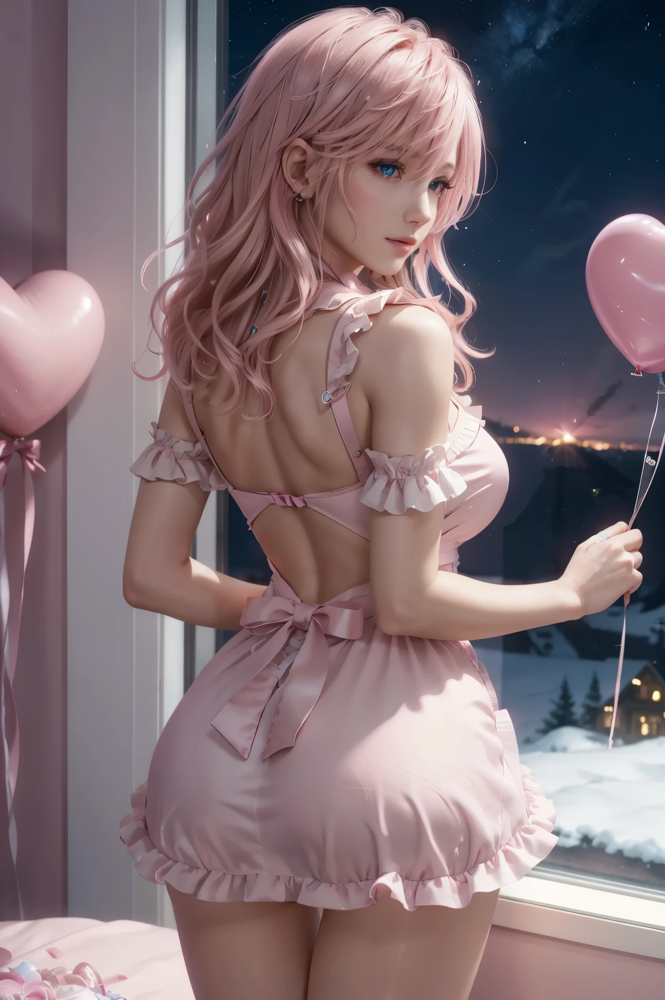 lightning , FINAL FANTASY,Pink Blonde, MEDIUM HAIR , light perm hair ,Curly hair on one side , pull down the bangs, beautiful blue eyes, beautiful and high nose , Super High Definition, Super Quality , Masterpiece, DSLR,photorealistic, Detailed Details,Vivid details, Detailed , detailed face, Detailed Details,Super detail , realistic skin texture, colorful candy room , perfect anatomy, Anatomically Correct Hand, Anatomically Correct Fingers , ultra-high resolution energy A , sexy pose,Beautiful back view,candy white ruffle shirt , pink apron , Maid Outfit, fantasy candy country , Valentine's Day, Valentine's Day , luxurious candy house , final fantasy ,豪華な Valentine's Day, heart-marked balloons , colorful chocolate , Colorful Macaroons, valentine's gift box, Mysterious Snowy Scenery , fantastic night view ,Fantastic night sky,It's snowing,Picturesque, the whole body,9 heads, pink lips, beautiful curly hair , Luxury Necklaces, highlight a beautiful whole body , high leg thong , smiles,Beautiful neon ,Rain of Hearts,