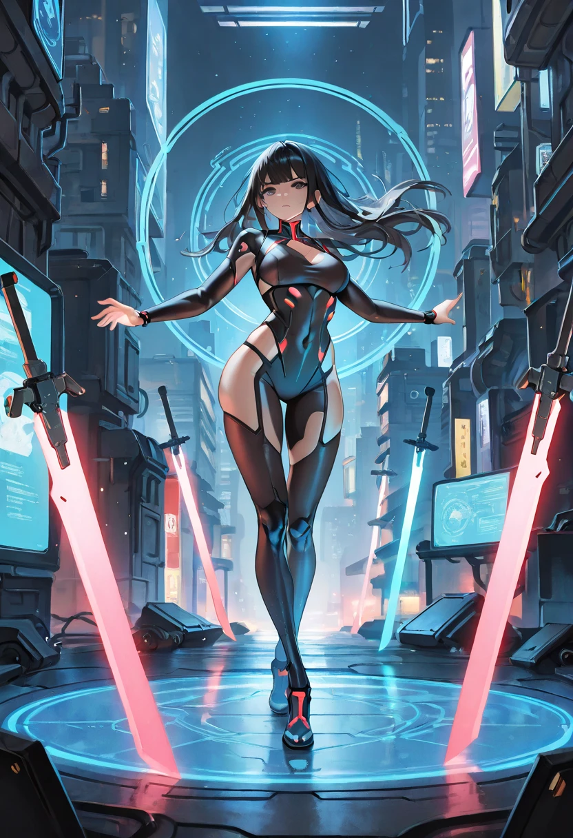 Create an anime cartoon style 3D image of a beautiful woman with black hair and golden honey eyes, with a beautiful golden black lycra carrying futuristic weaponry in a futuristic Tokyo city environment intense neon microparticulate street 