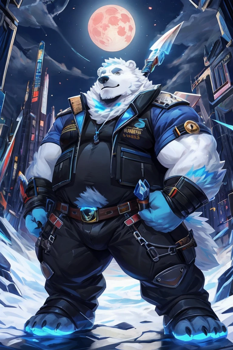 New Jersey 5 Furry,polar bear,Exquisite,portrait,Solitary,muscular body ,strong ,Thick arms,Rugged muscles,blue and White plush fur,Black eyebrows,Sky blue eyes,Beard,absurd, High-quality illustrations, Ultra-high resolution, Detailed background, standing in a town,night, blue lights some building,dynamic poses, cool black pant,blue t-shirt,blue cape,smirk,blue hair,crosses arm