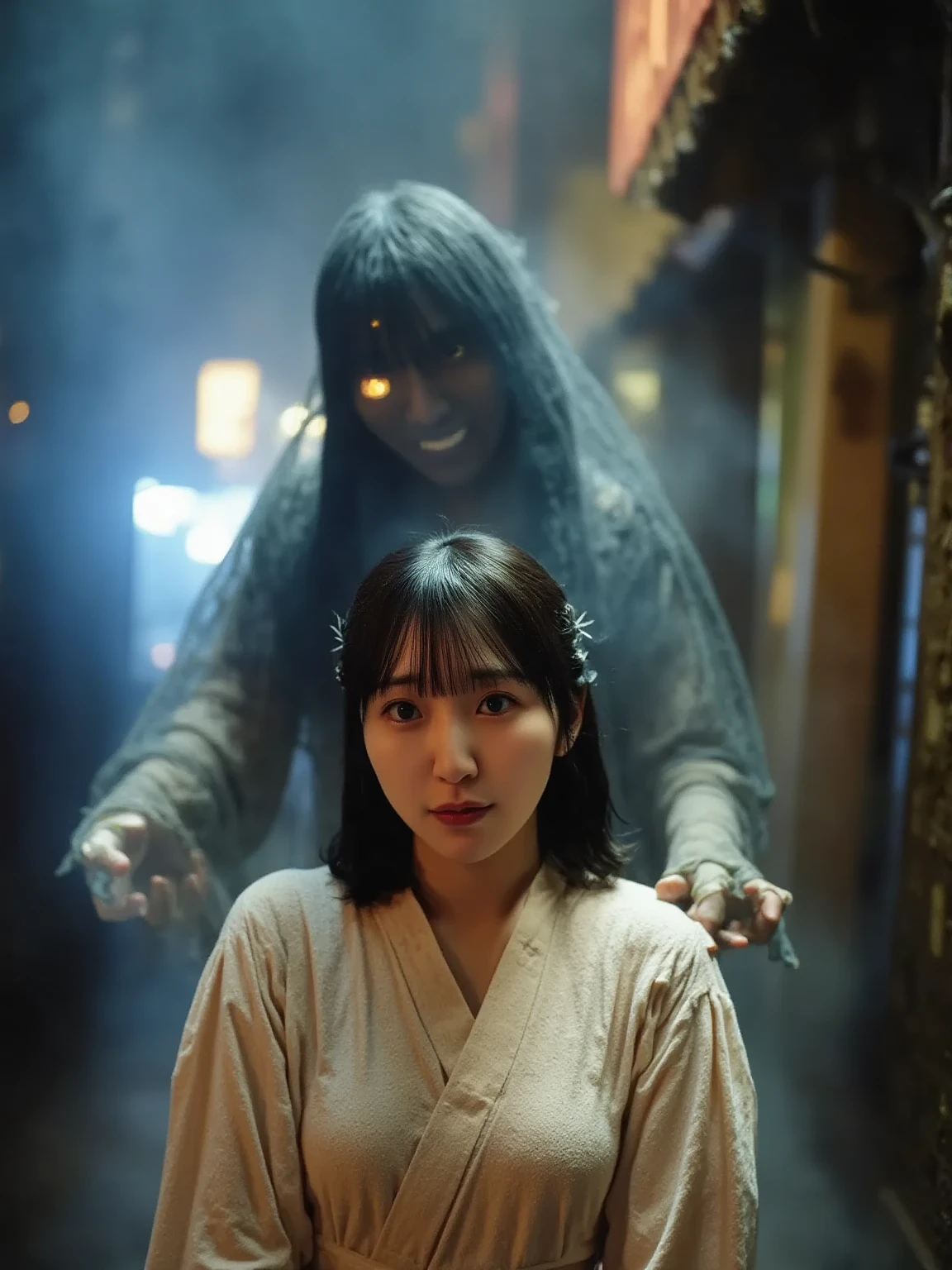 An illustration、art、Supervised by Junji Ito、Overaction、Overreaction、Pretending to be scared、Attention to detail, Realistic shadows、Analog Style, chromatic aberration, Surrealism、White robes