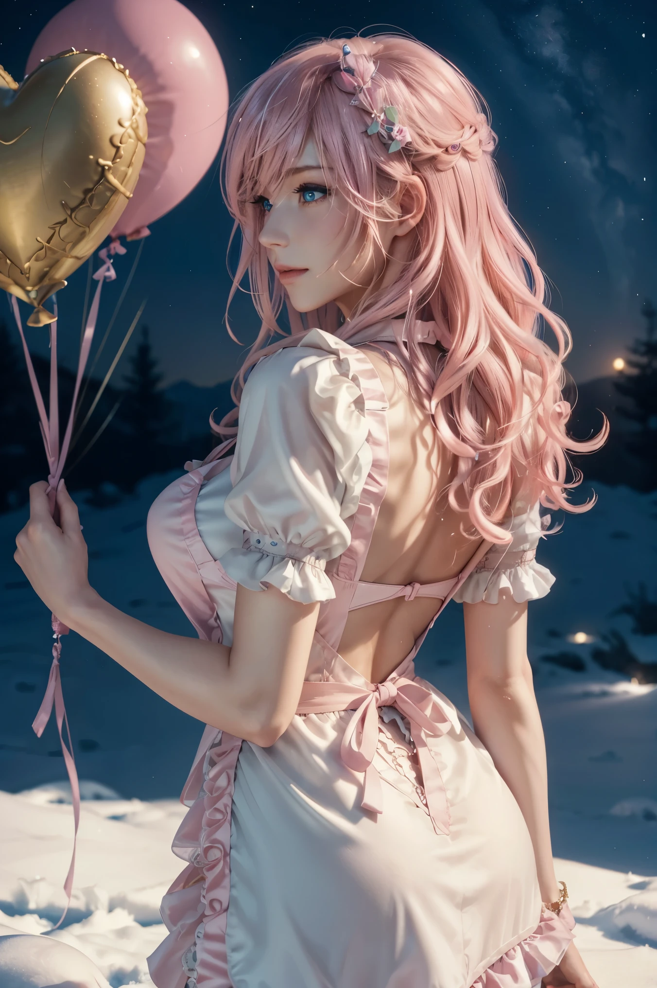 lightning , FINAL FANTASY,Pink Blonde, MEDIUM HAIR , light perm hair ,Curly hair on one side , pull down the bangs, beautiful blue eyes, beautiful and high nose , Super High Definition, Super Quality , Masterpiece, DSLR,photorealistic, Detailed Details,Vivid details, Detailed , detailed face, Detailed Details,Super detail , realistic skin texture, colorful candy room , perfect anatomy, Anatomically Correct Hand, Anatomically Correct Fingers , ultra-high resolution energy A , sexy pose,Beautiful back view,candy white ruffle shirt , pink apron , Maid Outfit, fantasy candy country , Valentine's Day, Valentine's Day , luxurious candy house , final fantasy ,豪華な Valentine's Day, heart-marked balloons , colorful chocolate , Colorful Macaroons, valentine's gift box, Mysterious Snowy Scenery , fantastic night view ,Fantastic night sky,It's snowing,Picturesque, the whole body,9 heads, pink lips, beautiful curly hair , Luxury Necklaces, highlight a beautiful whole body , high leg thong , smiles,Beautiful neon ,Rain of Hearts,