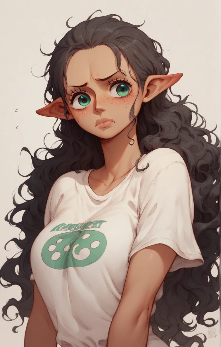 masterpiece, best quality, amazing quality, very aesthetic, absurdres, newest, 1girl,  <lora:YazaraIL:0.85> yazaraf, medium breasts, pointy ears, black hair, long hair, colored skin, green skin, green eyes, looking at viewer, jacket, pants, thong, bra, red jacket, :c, hands on hips,
light blue background, simple background,