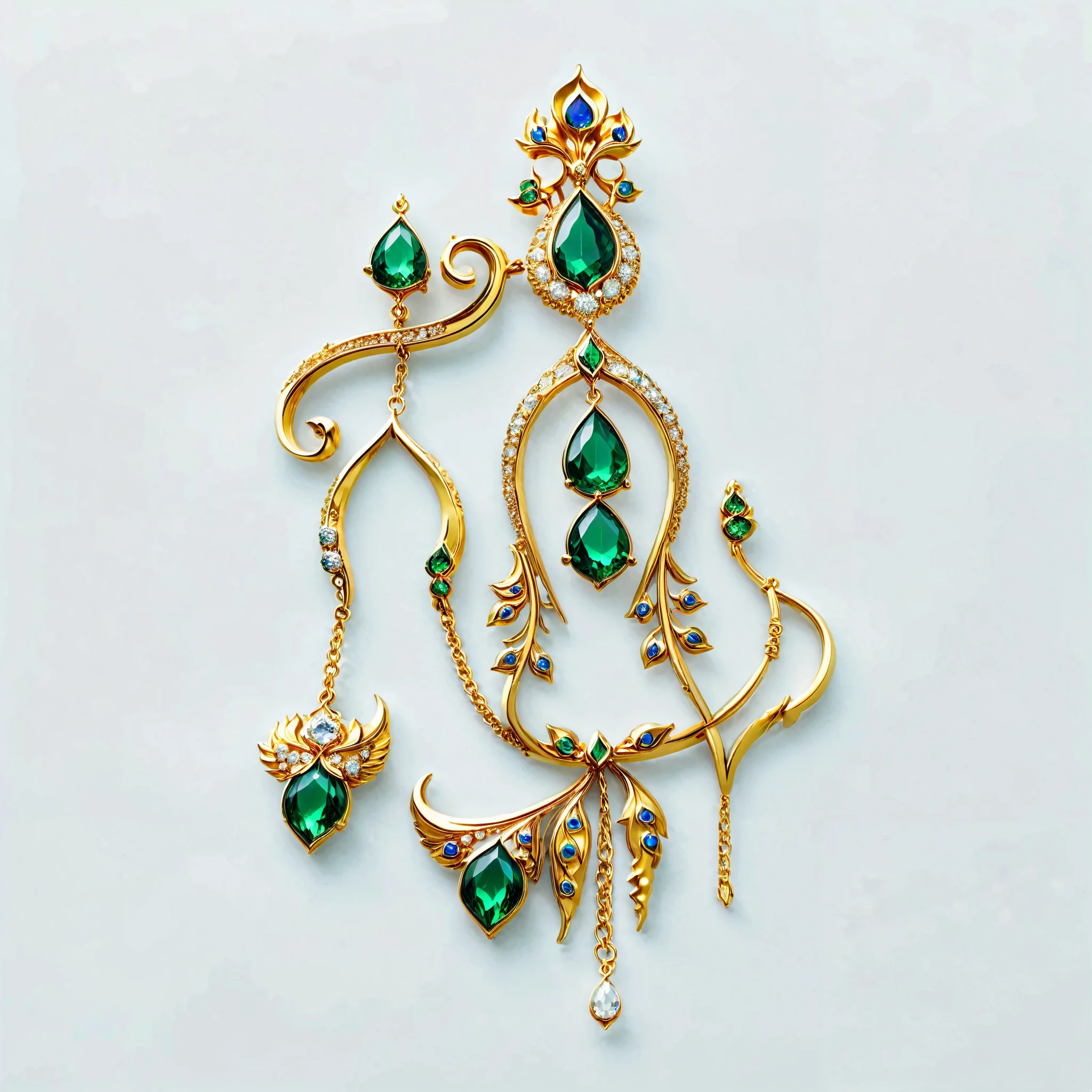 masterpiece,Highest quality,(Only the gold chain ),(no one), and the Supreme Brooch ,Peacock element carving,This is( Supreme Lord of the Rings :6.66), made of gold , Exquisite craftsmanship ,Precious and beautiful , embellished with malachite , emits a noble green magic glow., (( white background ))