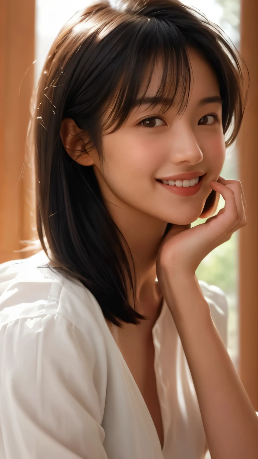 1 girl, Korean, SNS INFLUENCER, smile to the viewer, holding a cup of coffee, mug cup, white shirt, soft lighting, medium close-up shot, upper body focus, slightly visible lower body, (((life-like realism))), (((masterpiece))), ((anatomically correct)), ((best quality)), ((intricate detailed)), ((UHD)), ((realistic photograph)), detailed pupils, slightly downturned eyes, sleepy eyes, subtle dark circles, half-opened eyes, dreamy look, subtle eye bags, natural tear trough, exotic beauty, high-fashion model, avant-garde aesthetics, ethnically ambiguous, mixed-race beauty, ultra detailed hair, precise hair, short hair, black hair, baby hair bangs, hair Bangs, midface, realistic facial proportions, slender face, small face, very small, oval face, lightly sharp V-shaped jaw, high cheekbones, visible cheekbones, realistic skin texture, slight blush on cheeks and nose, warm undertones, subtle skin details, pale skin, natural uneven skin tone, subtle freckles across nose and cheeks, natural lighting gently highlighting the cheekbone area, small nose bridge, small sharp nose, slightly asymmetric lips, plump lower lip on one side, slightly parted natural-pink lips with a natural light-red hue, mouth open smile, teeth, cheerful smile, delicate philtrum, delicate collarbone, perfect hand, perfect finger, dimple, lush curves, soft V-line jaw, slightly rounded chin, realistic and slightly big breasts, big bust toned yet curvy body, full body, natural proportions