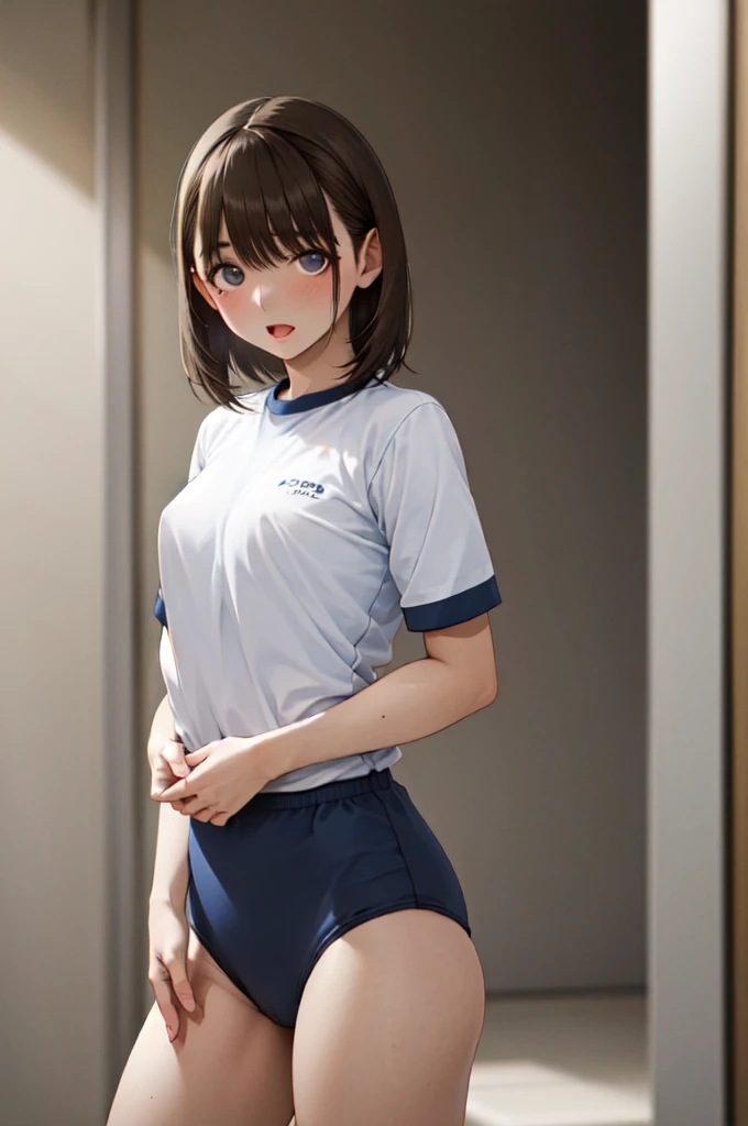 masterpiece, best quality, highres, aanene, short hair, buruma,gym uniform, standing, cowboy shot, outdoors, ahegao,nsfw,