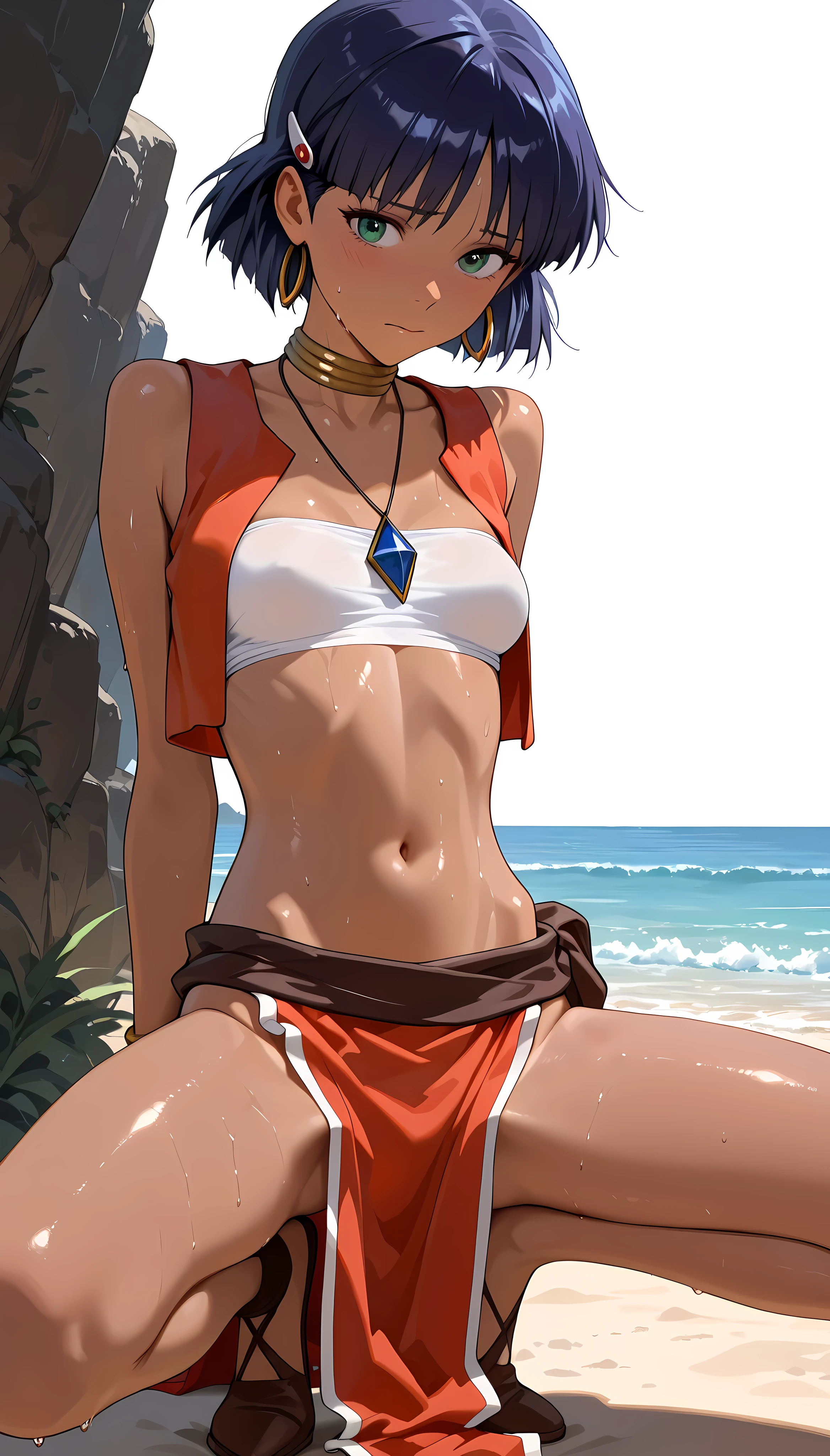(masterpiece,best quality:1.2,amazing quality,very aesthetic,absurdres,newest,realistic), nadia la arwall, fushigi no umi no nadia,1woman,solo,(adult),(very small head:1.2),medium breasts,(ideal ratio body proportions:1.2,slender body:1.2,skinny:1.2),dark skin,green eyes,shy,sweat,orange vest, white tube top midriff, orange pelvic curtain, bare legs,squatting,spread legs,beach,