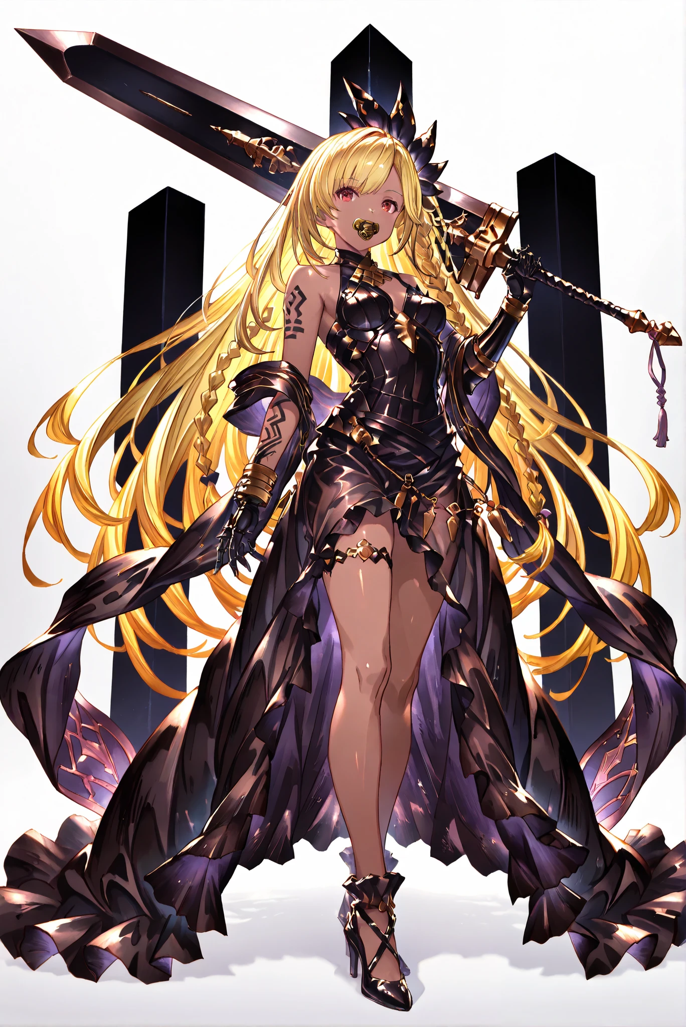 Black Armor, whole body盔甲, 龍殺手之sword-II.v1.0, Holding - Dragon Slayer, Giant Weapon, sword, holding sword, holding a weapon ,, weapon, 大sword,魔sword, holding a weapon, sword舞,施放法術來召喚多個紫色漂浮sword ( white background ,Grandstand,whole body, high heels, Front view , Vertical Image :1.7),孔 high heels ,Oval/circling/prick/ 喇叭 high heels ,, Limited Color Palette , Colorful, Vivid Color ,Flashing Silhouette ,neon,Black Light ,[watch, Masterpiece, is very beautiful ,, shiny skin,golden ornaments, arm tattoo, , Granblue_ fantasy, Helel_Ben_Shalem, dark skin, Blonde, long hair, braid, red eyes, pacifier,weapon over shoulder, holding weapon