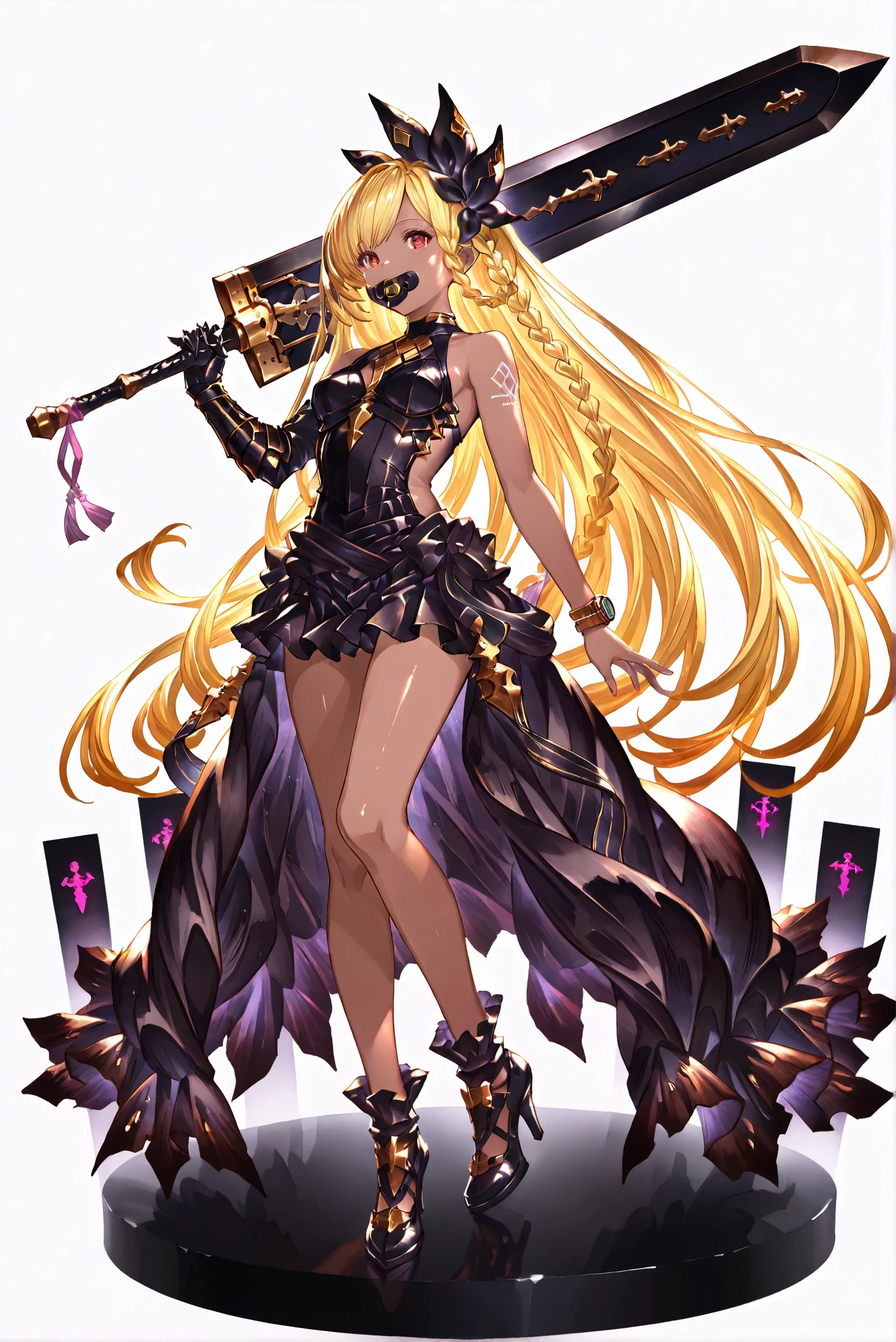Black Armor, whole body盔甲, 龍殺手之sword-II.v1.0, Holding - Dragon Slayer, Giant Weapon, sword, holding sword, holding a weapon ,, weapon, 大sword,魔sword, holding a weapon, sword舞,施放法術來召喚多個紫色漂浮sword ( white background ,Grandstand,whole body, high heels, Front view , Vertical Image :1.7),孔 high heels ,Oval/circling/prick/ 喇叭 high heels ,, Limited Color Palette , Colorful, Vivid Color ,Flashing Silhouette ,neon,Black Light ,[watch, Masterpiece, is very beautiful ,, shiny skin,golden ornaments, arm tattoo, , Granblue_ fantasy, Helel_Ben_Shalem, dark skin, Blonde, long hair, braid, red eyes, pacifier,weapon over shoulder, holding weapon