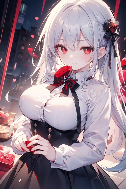 Black bandeau wedding dress，teens girl，Gray hair，warm lights，red eyeiddlebreast，fresh flowers，Dark wind, smile 
