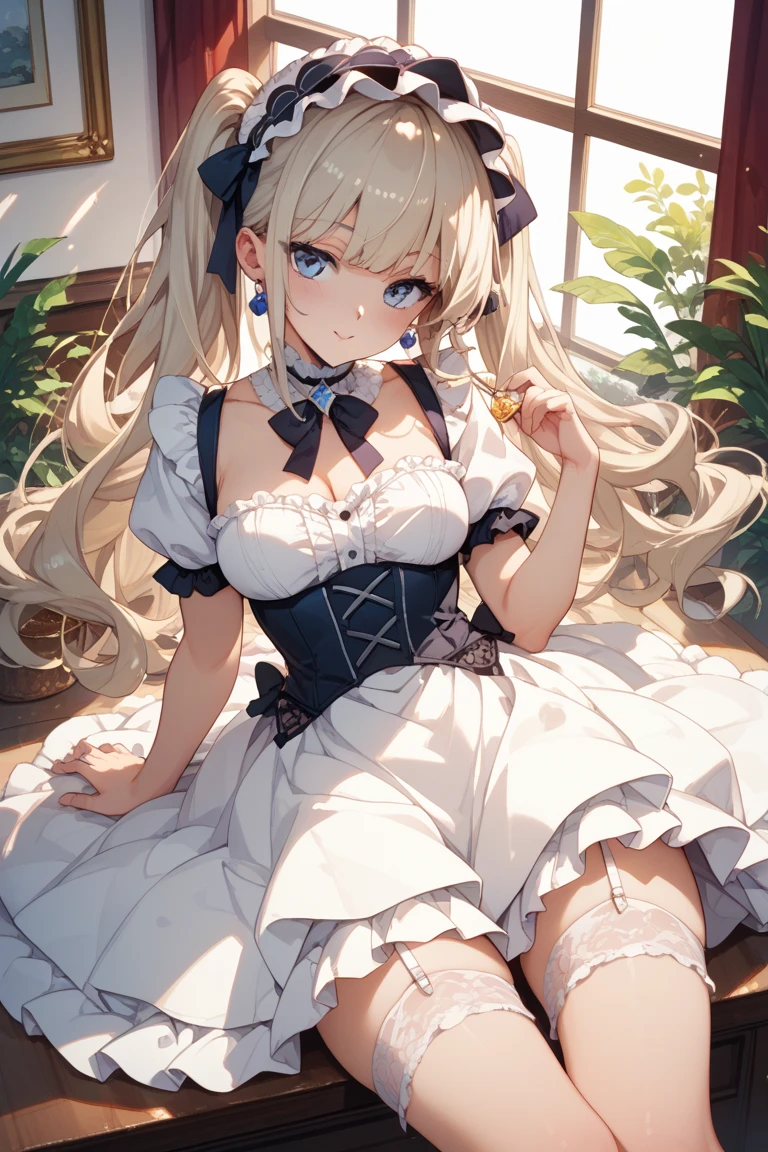 Beautiful girl with platinum blonde hair　 female 　 Gothic Lolita　White Lolita　 white dress　青色のラインが入った white dress　The skirt is slightly raised　The garter belt is visible　 thighs are visible