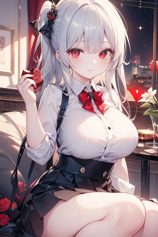 alice, anime art style, 1girl, solo, breasts, looking_at_viewer, smile, short_hair, open_mouth, large_breasts, red_eyes, hair_between_eyes, upper_body, white_hair, :d, blurry, chef