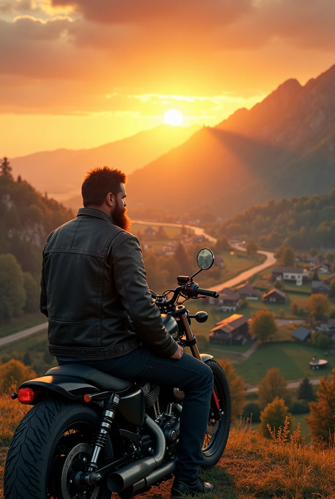 Sunset. The sun is setting in the mountains.The rays of the setting sun illuminate a beautiful picturesque green valley, where you can see fields, gardens, cute colorful houses, and a winding rural road made of red stone. The sky is a beautiful azure blue color, which turns into a red sunset on the horizon. The fireball of the sun. The clouds are cumulus, voluminous, and creamy pink in hue.In the foreground is a heavy, dusty motorcycle, on which sits a tired, brutal, bearded bald biker, a 40-year-old man in worn leather clothes. The feet rest on the ground. He looks out from under the palm of his hand at a beautiful picturesque valley. The last long rays create funny highlights on the man's bald head, beautifully highlight the contour of the motorcycle.   Everything is in perspective. digital art . high detail.