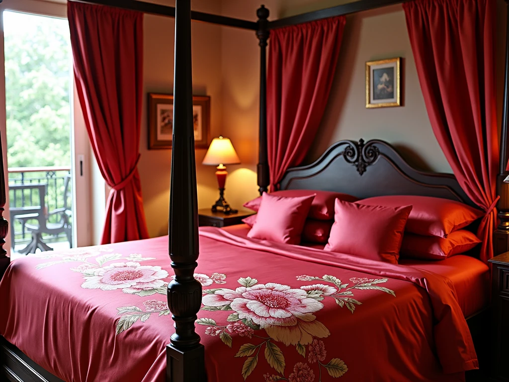 bedroom, with curtains, large kind size bed, chair, table, lamp, window, carpet, in red variations, top quality, five star hotel, deluxe