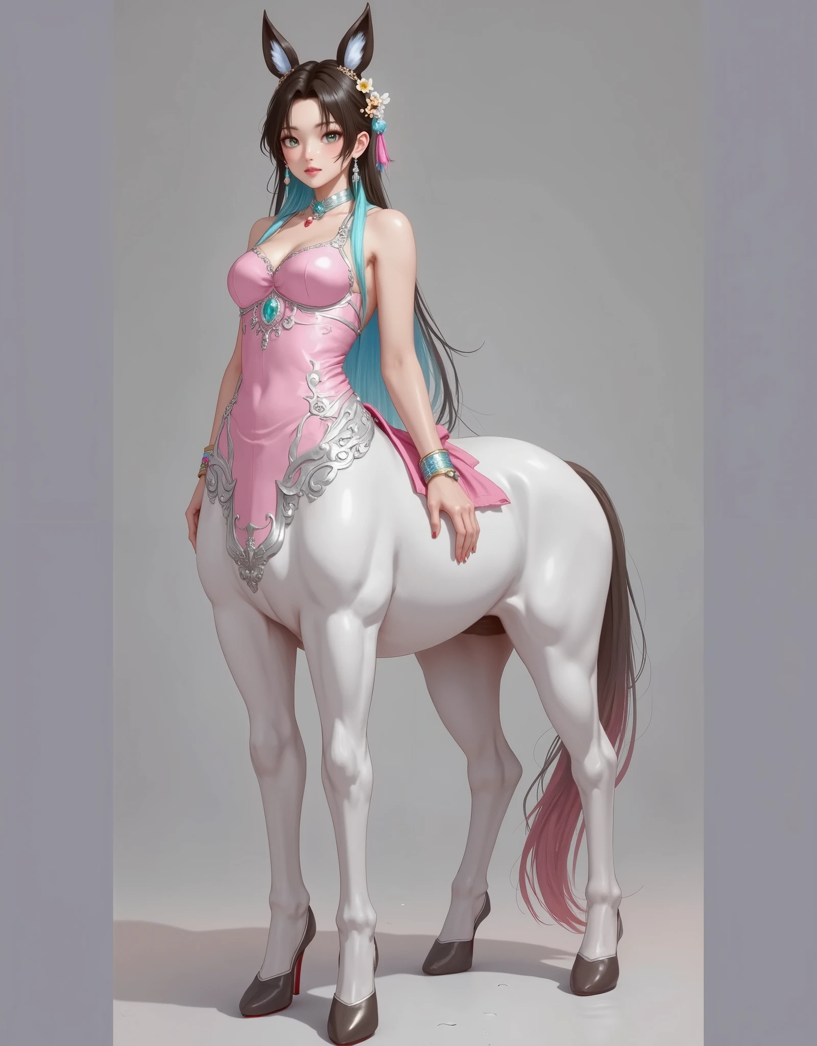 In the center of the ultra-wide-angle lens, Beautiful and ethereal mechanical centaur queen spreads her wings on the ionosphere for jumps。The upper body of the centaur queen is a sexy figure，Has distinctly feminine characteristics，The lower body is a mechanical part，Horse-shaped torso，Streamlined sexy lines。Use advanced stroke tools and color palettes halfway through, and texture packs, Model package, Texture tools，Concentration，Give the Centaur Empress a harmonious moving line，The mechanical light wings of the queen satyr are plated with a unique spatial glow，The halo crown on the head of the Mechanical Centaur Queen projects neon lights，Let her be majestic，Add complex textures and models to the Mechanical Centaur Empress, Gives the real body soft and sexy lines and an authentic texture，Let the legs in the shape of horse legs elegant and slender，Give the Mechanical Centaur Empress a sexy K-cup teardrop shape, Huge texture and true shine，Exude bondage。With Midjourney's advanced brush tools and palettes and strokes, Try different models and materials，Create gorgeous, epic look at your scene，Let the Mechanical Centaur Queen harmonize elegance and ethereal，The fallen enemy wreckage and the lunar surface are clearly shown against the background of the starry sky。Use Midjourney's powerful tools，You can bring this magnificent and futuristic scene to life with incredible detail and beauty。 hdr，（真实感，Masterpiece quality，best qualtiy），，PureErosFace_V1，Urzang-6500-V1 Edition.1