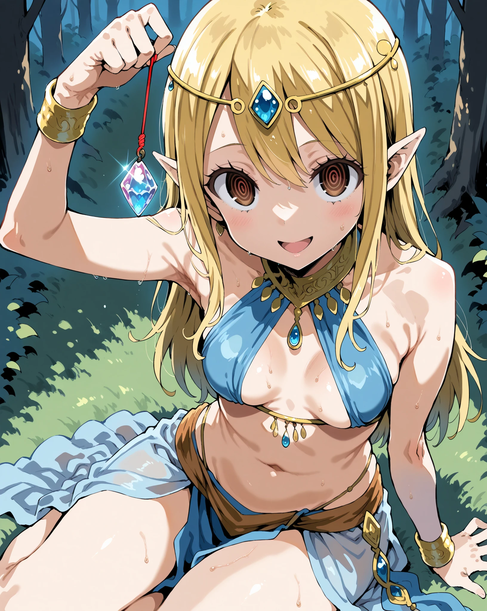 (micro panties), cinematic film still of 19yo amarcille donato,elf,pointy ears,long hair,twin braids,hair ribbon,, smiling, wet tshirt, standing under a waterfall, a rainforest lake,