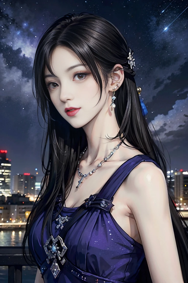  top quality、  masterpiece、   high definition 、   young beautiful woman、 Perfect Face 、Brown-black long hair  、  perfect style 、I'm wearing a light purple dress、  earrings、  necklace、 Long, narrow eyes、 look at me and smile、 night sky、  starry sky  、Shining Star、Chinese Period Dramas、Chang'an City、Cityscapes、City lights、 free drawing style full of peace and harmony  、perfect art 、