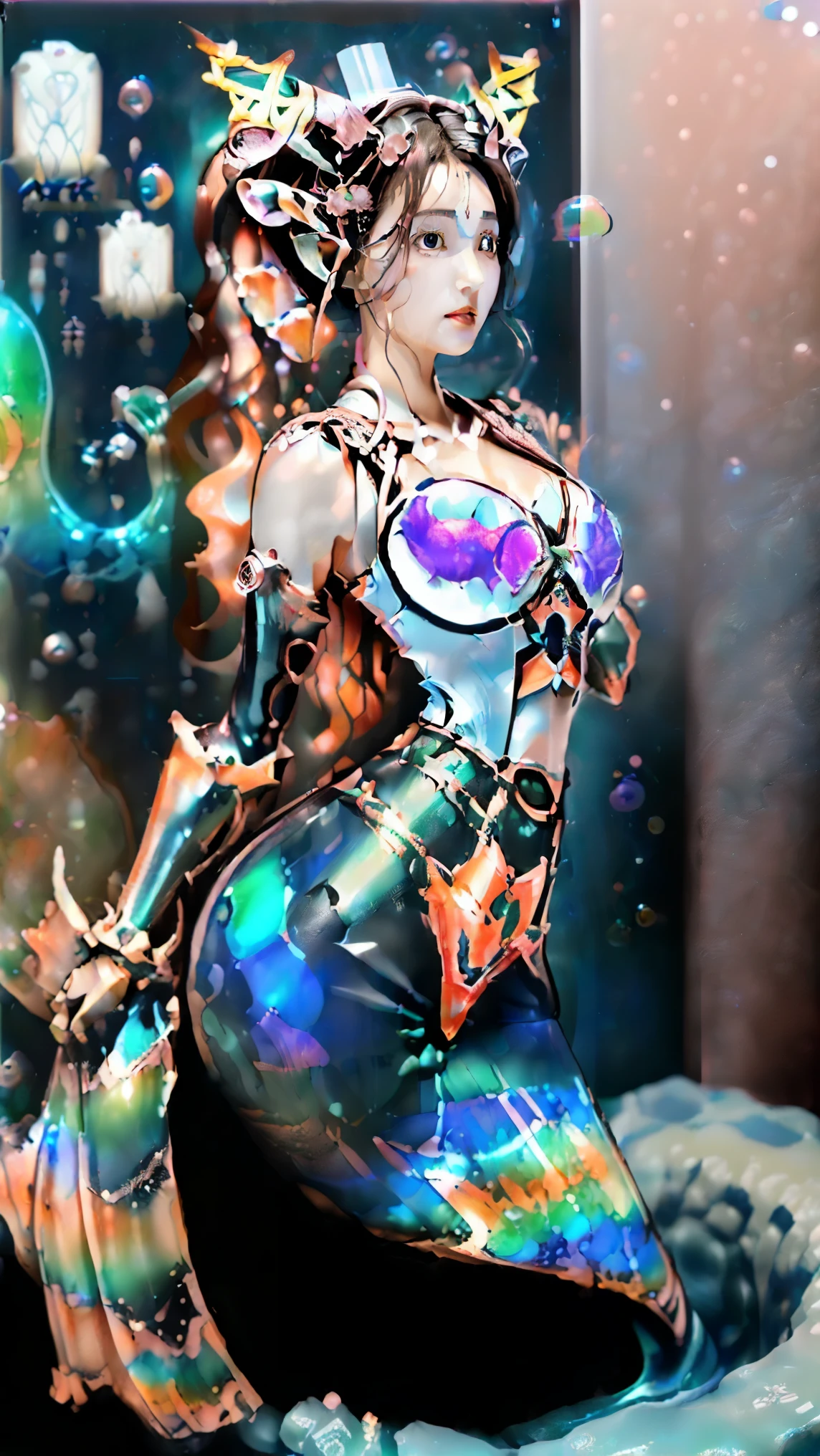 ronin lord villainess, , shozoku, mouth mask,white hair, Scene Hair, caucasian, small breasts, slim figure, full body, war fan, , by a pond, in a Italian, Norwegian dungeon cell, bombshell hair, pastel sunset hair with ultraviolet highlights, Tousled Hair,bombshell curly hair, bras d'honneur
