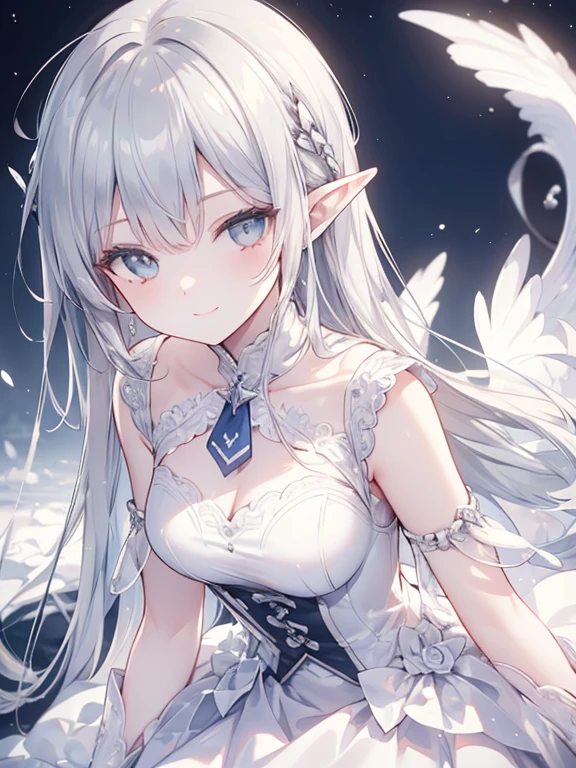 1 chica,Obra maestra, (8k, mejor calidad, Obra maestra:1.2),Muy detallado,ultra detallado,clase maestra,mejor calidad,illustration,Perfect lighting, Beautiful female, young, fine features. Her skin is pale as the snow with a nice blush on her cheeks and nose. Her eyes are siren shaped ones, shinny blue, with long bautiful lashes. Her hair is long and white, straight and glossy. Has perfect Elf ears. darkness, cool tones, ethereal lighting. Heart shaped bangs, fluffy hair